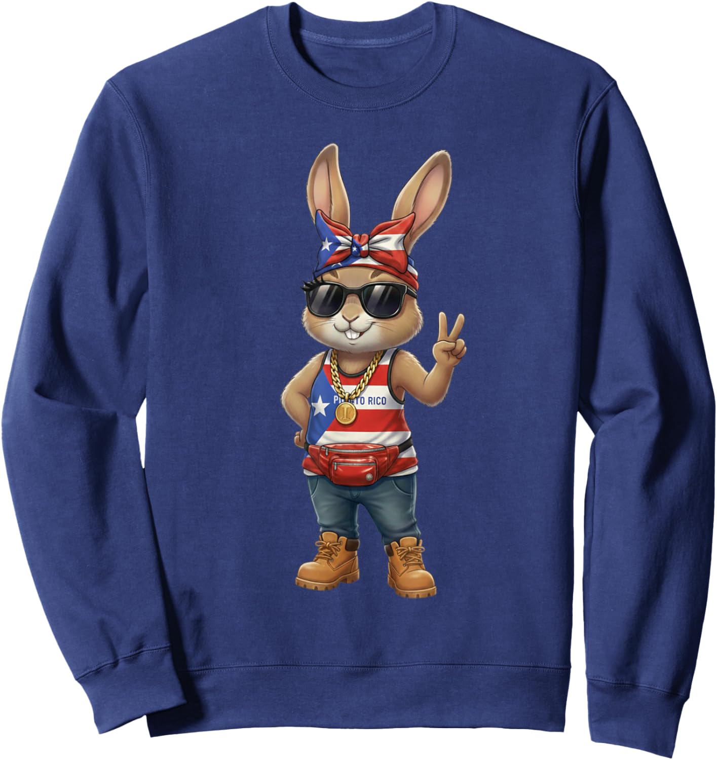 Puerto Rico Bunny Patriotic Bandana Peace Sign Boricua Girl Sweatshirt - Sweatshirt | Navy