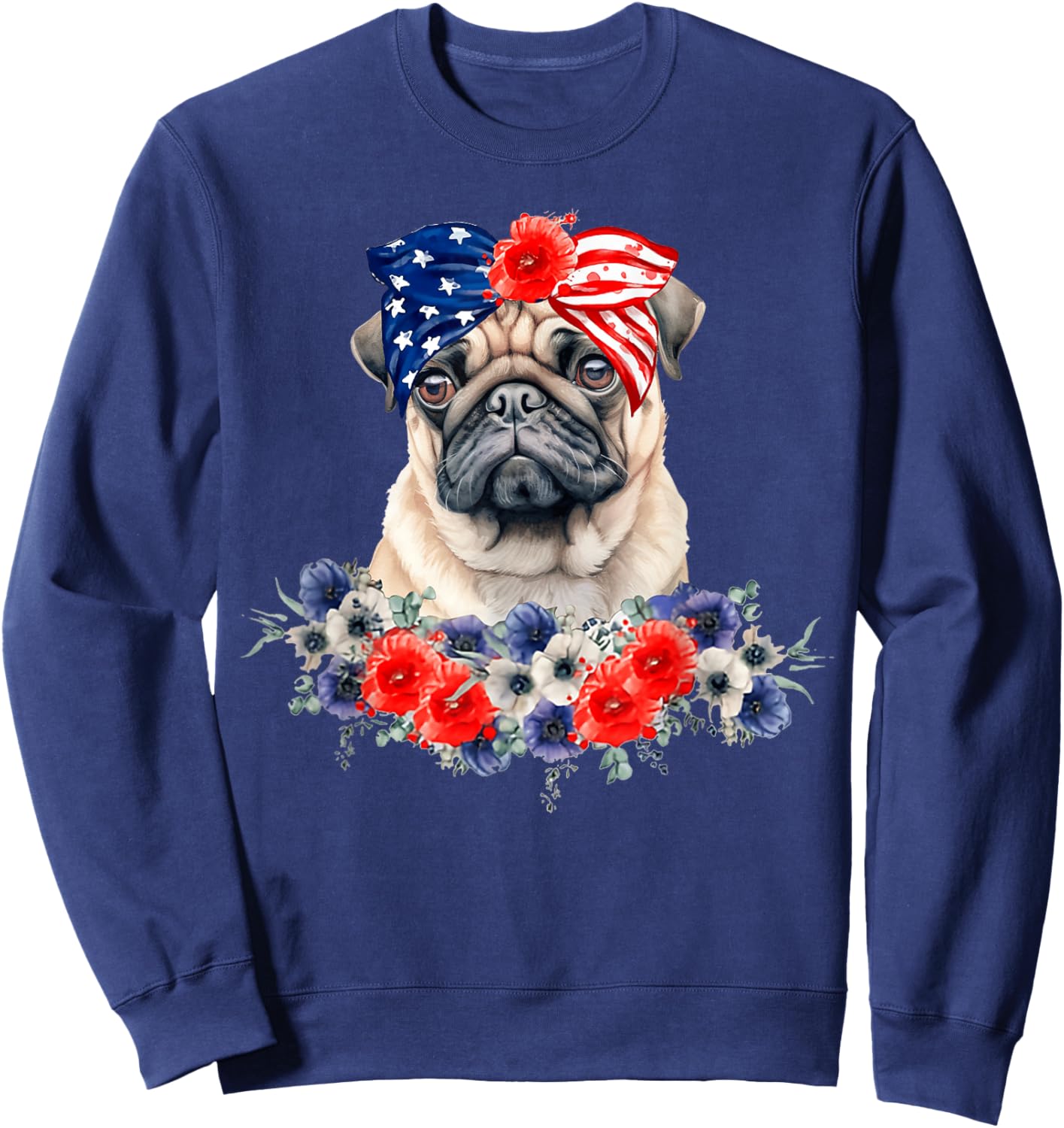 Pug Dog Bandana American Flag 4th Of July Women Kids Men Sweatshirt - Sweatshirt | Navy