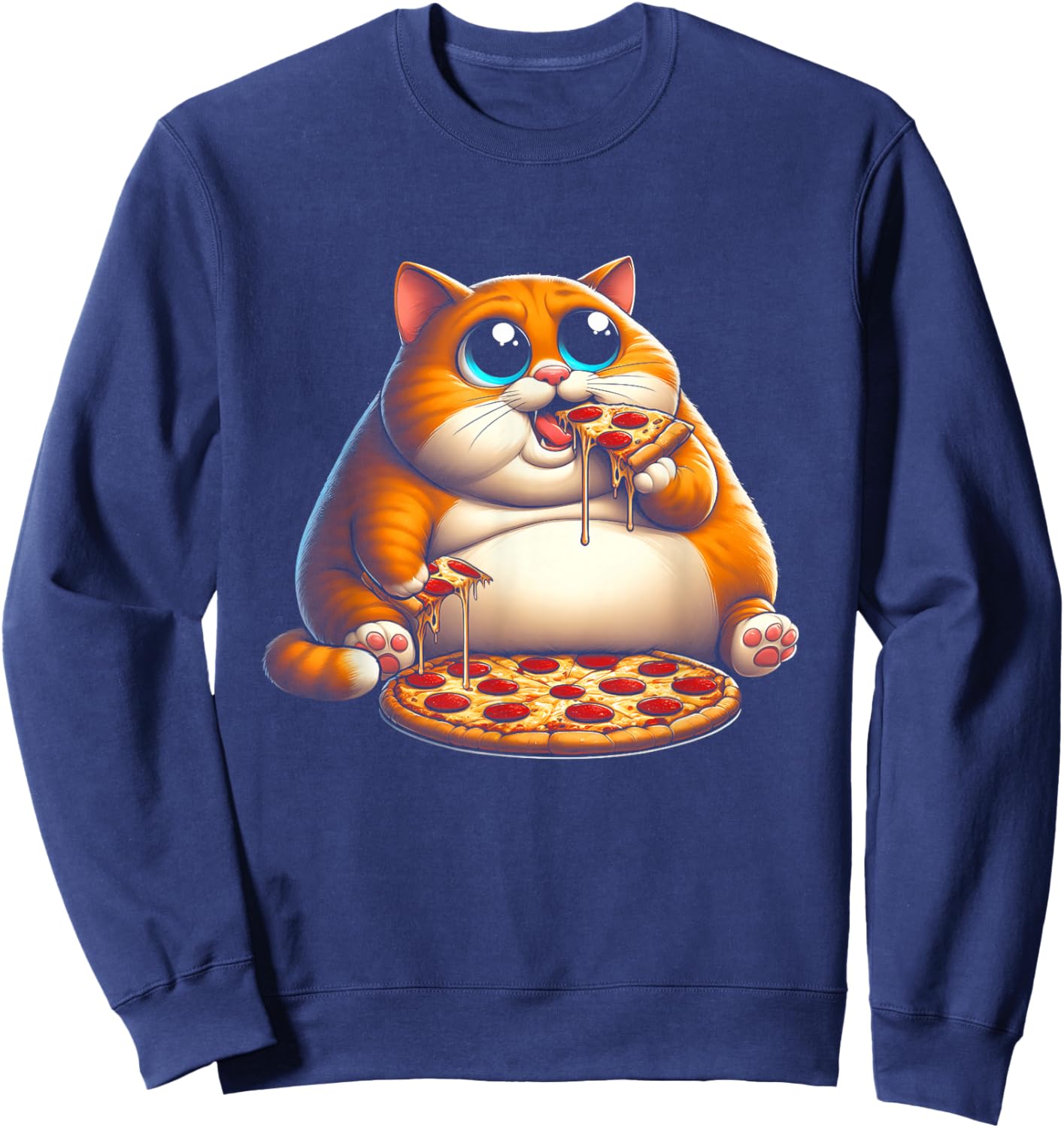 Funny Fat Cat Eating Pizza Fast Food Art Meme Animal Lover Sweatshirt - Sweatshirt | Navy