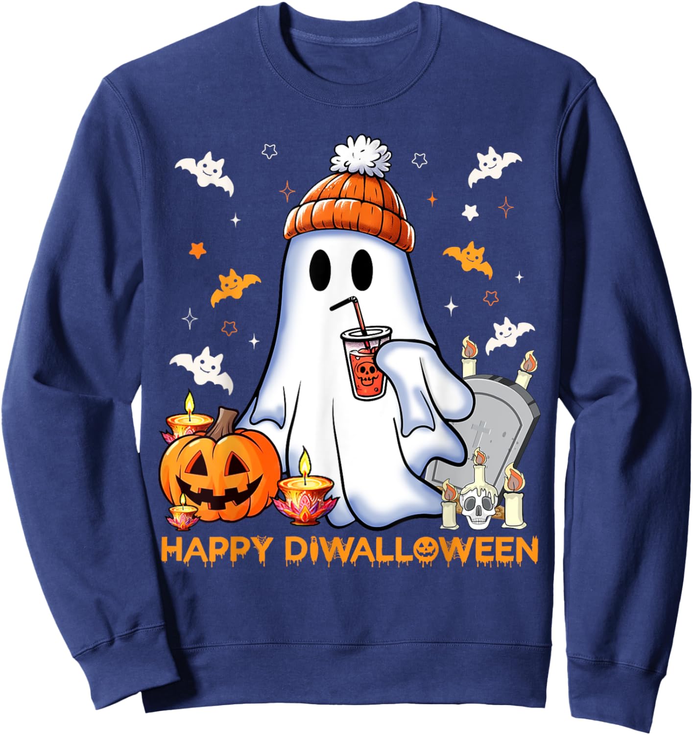 Happy Diwalloween Diwali Halloween Costume Adult Black Small Short Sleeve Modern Mandarin Collar Cartoon Applique Diwali Halloween Fusion Sweatshirt - Sweatshirt | Navy