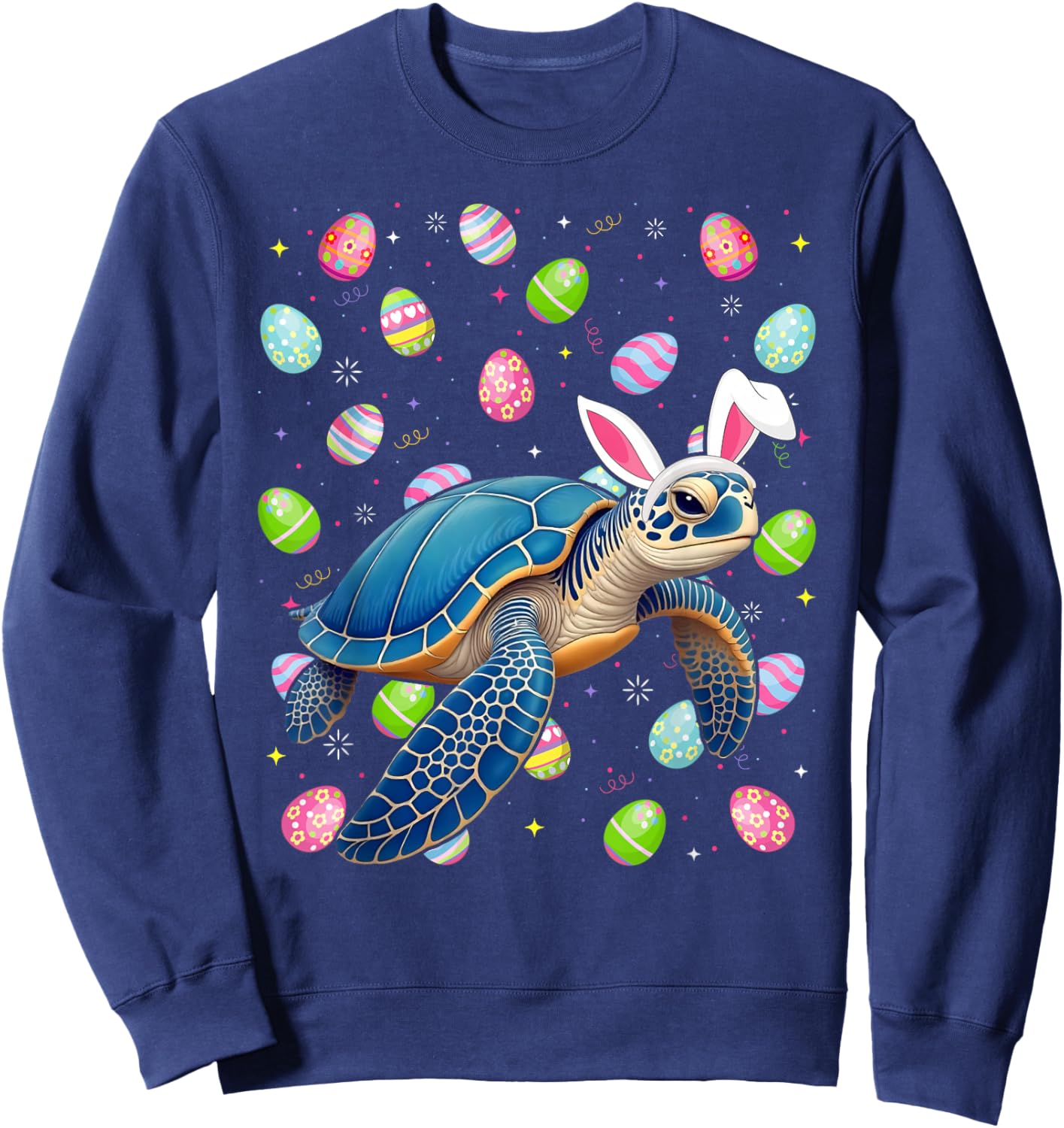 Sea Turtle Happy Easter Egg Hunt Bunny Ear Sea Turtle Easter Sweatshirt - Sweatshirt | Navy