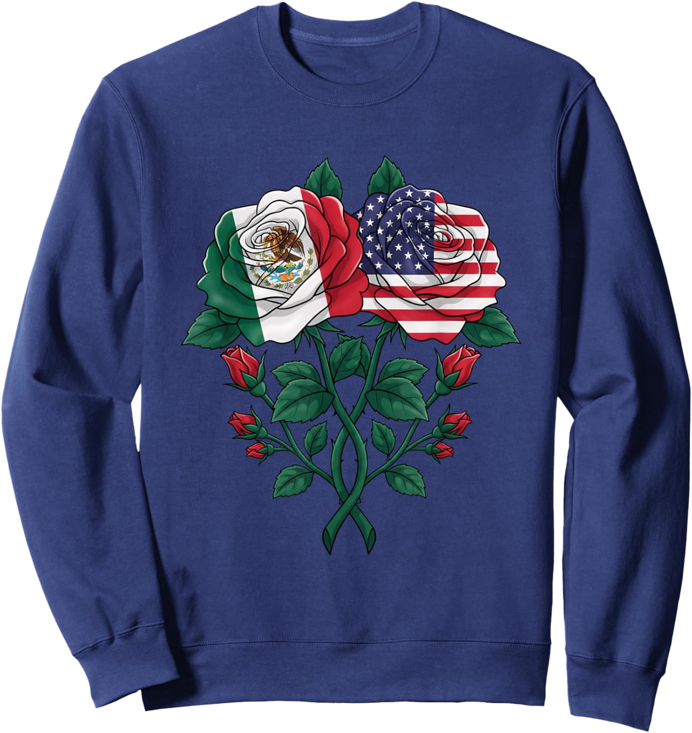 Mexican American Rose Two Flags Floral Latino USA Mexico Sweatshirt - Sweatshirt | Navy