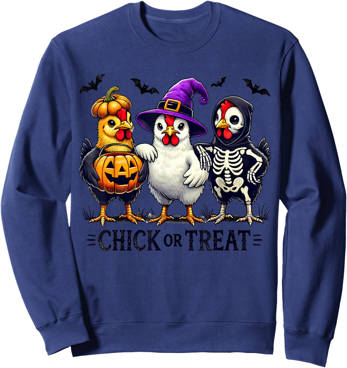 Funny Chick Or Treat Halloween Witch Spooky Chicken Pumpkin Sweatshirt - Sweatshirt | Navy