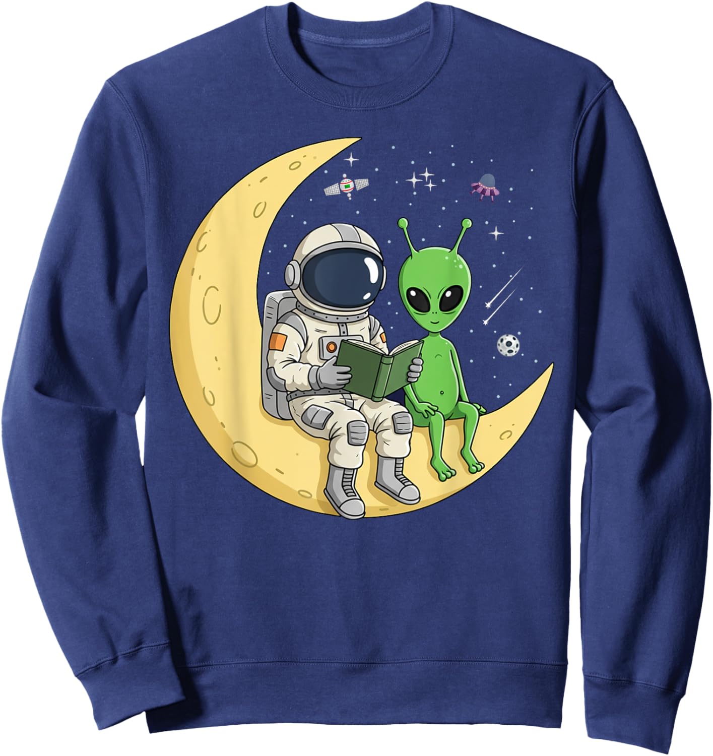 Astronaut Reading Book To Alien Moon Space Women Kids Men Sweatshirt - Sweatshirt | Navy