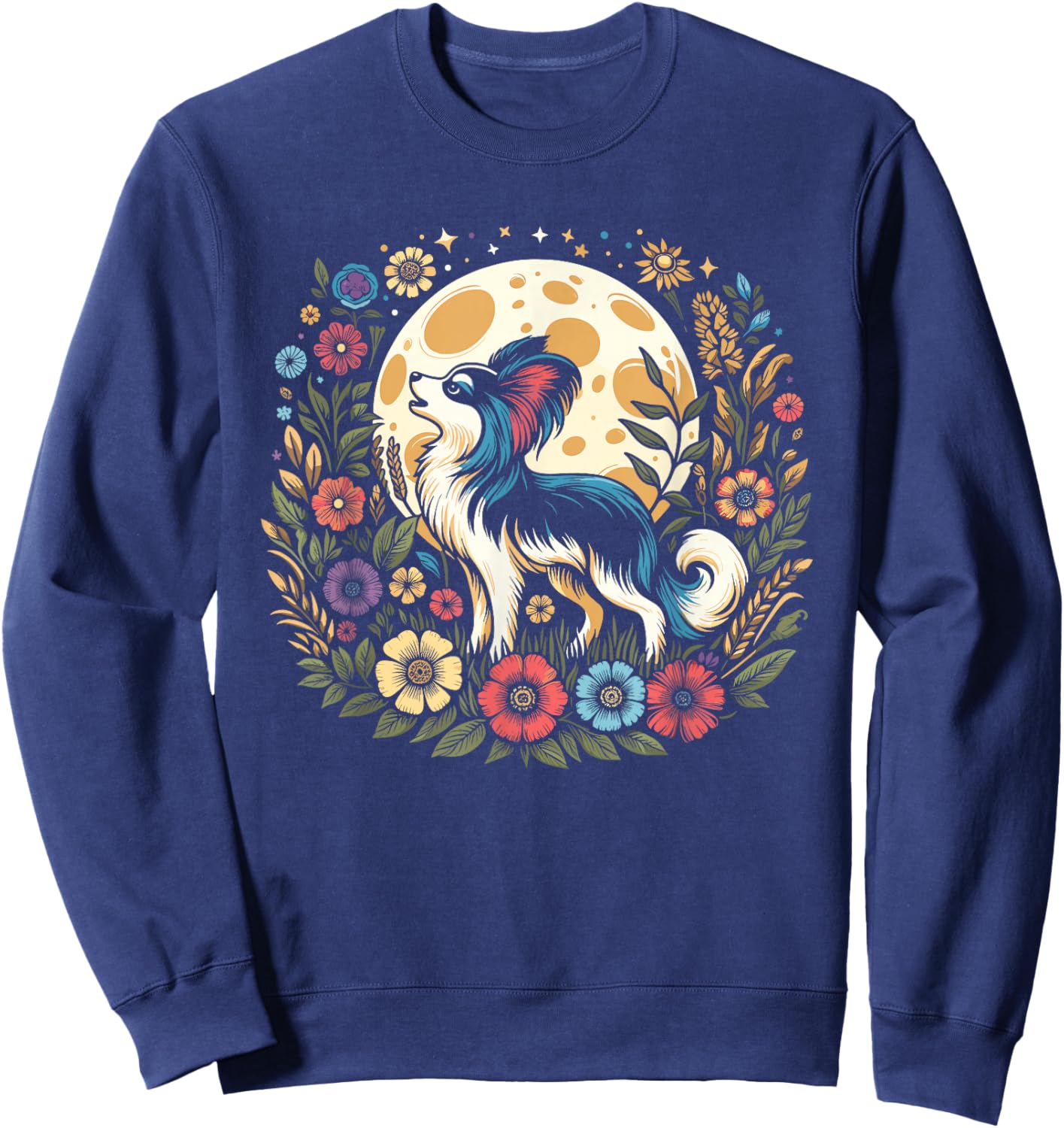 Floral Moon Papillon Dog Breed Pet - Wild Flowers Sweatshirt - Sweatshirt | Navy