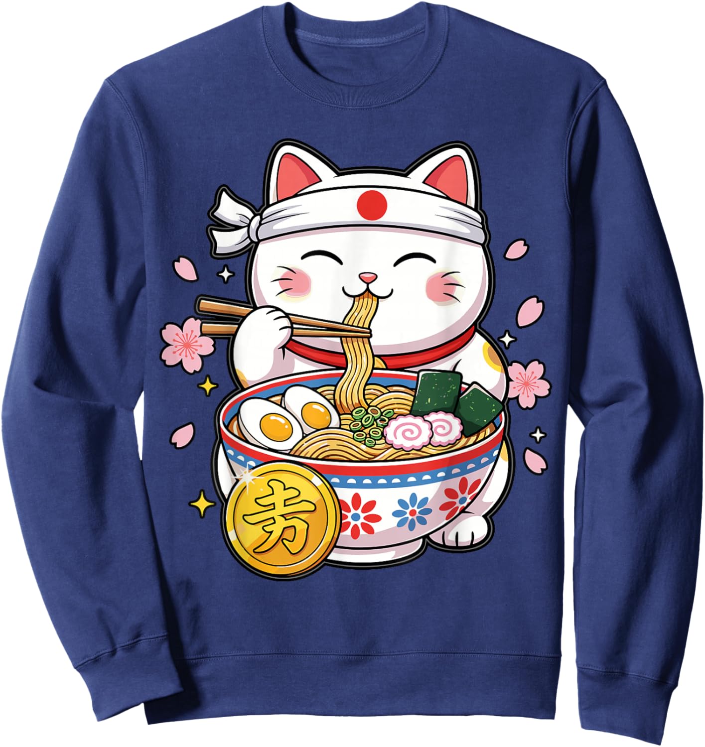 Kawaii Maneki Neko Shirt Women, Cute Japanese Cat Sweatshirt - Sweatshirt | Navy