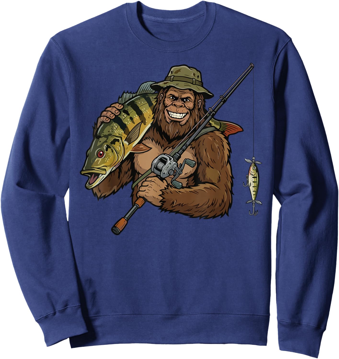 Peacock Bass Fishing Funny Bigfoot Sweatshirt - Sweatshirt | Navy