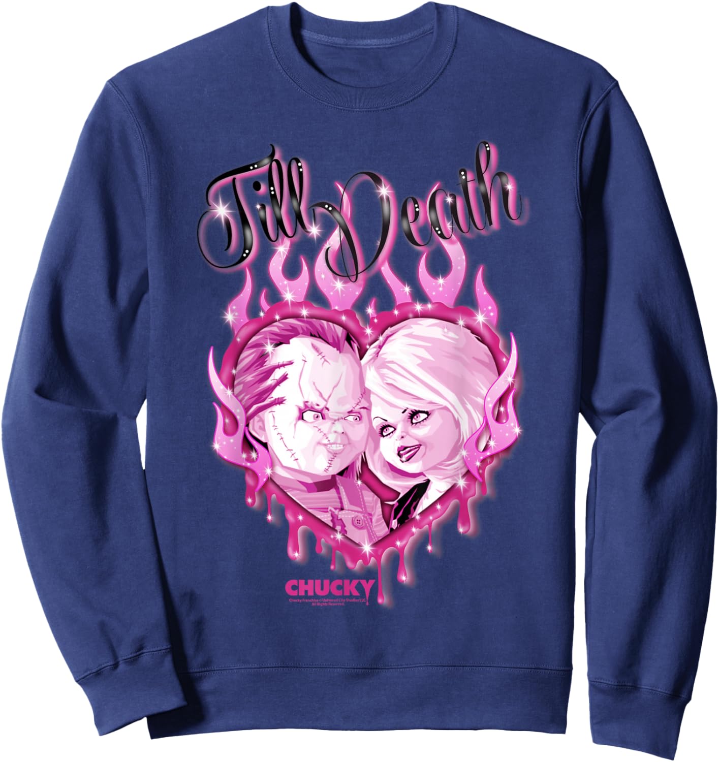 Chucky and Tiffany Till Death Flaming Heart Sweatshirt - Sweatshirt | Navy