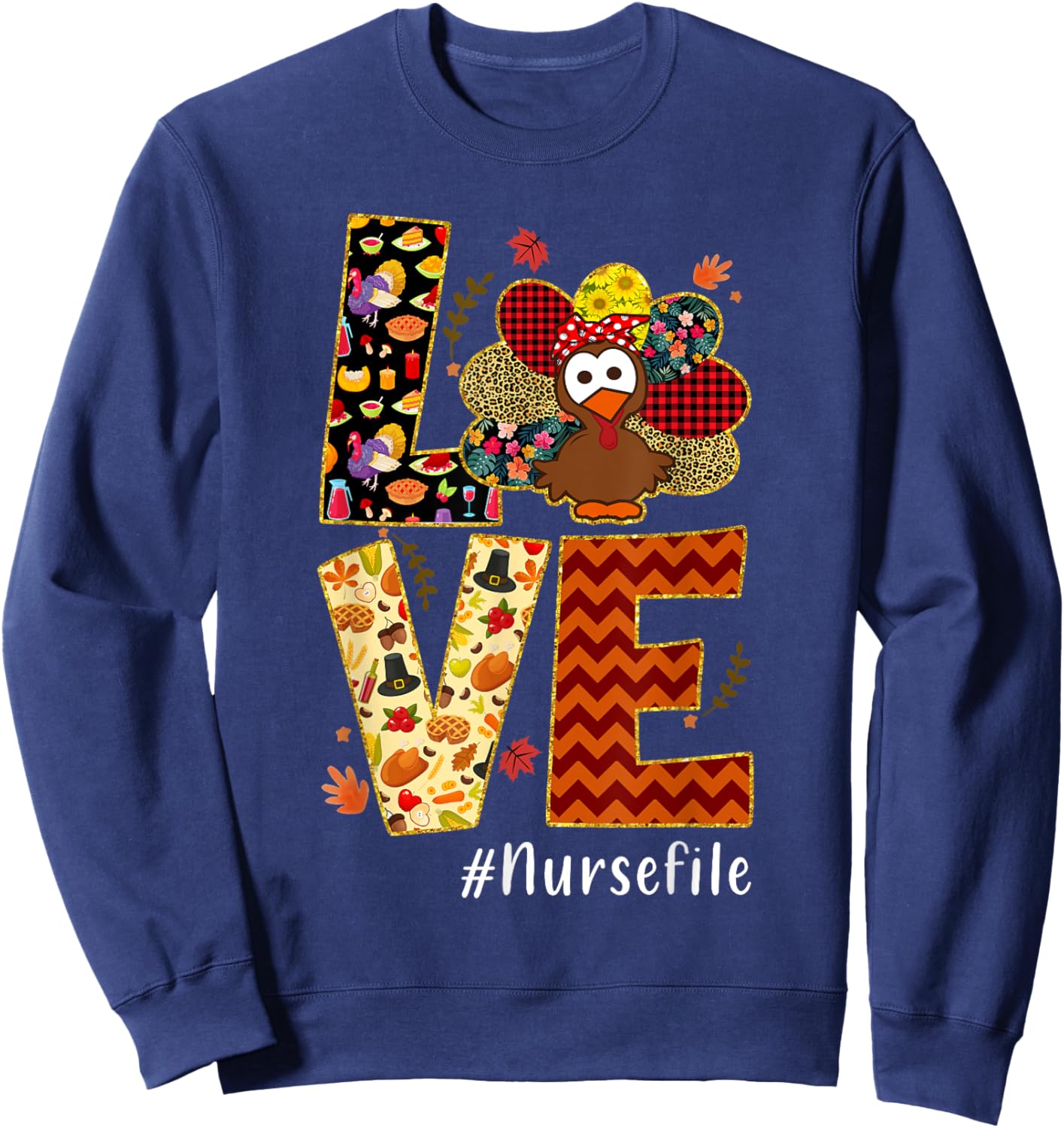 Love Turkey Nurse Thanksgiving - Love Nurse Life - -Adults & Kids - Nurses, Families, Supporters - Black - Small - Short Sleeve Sweatshirt - Sweatshirt | Navy