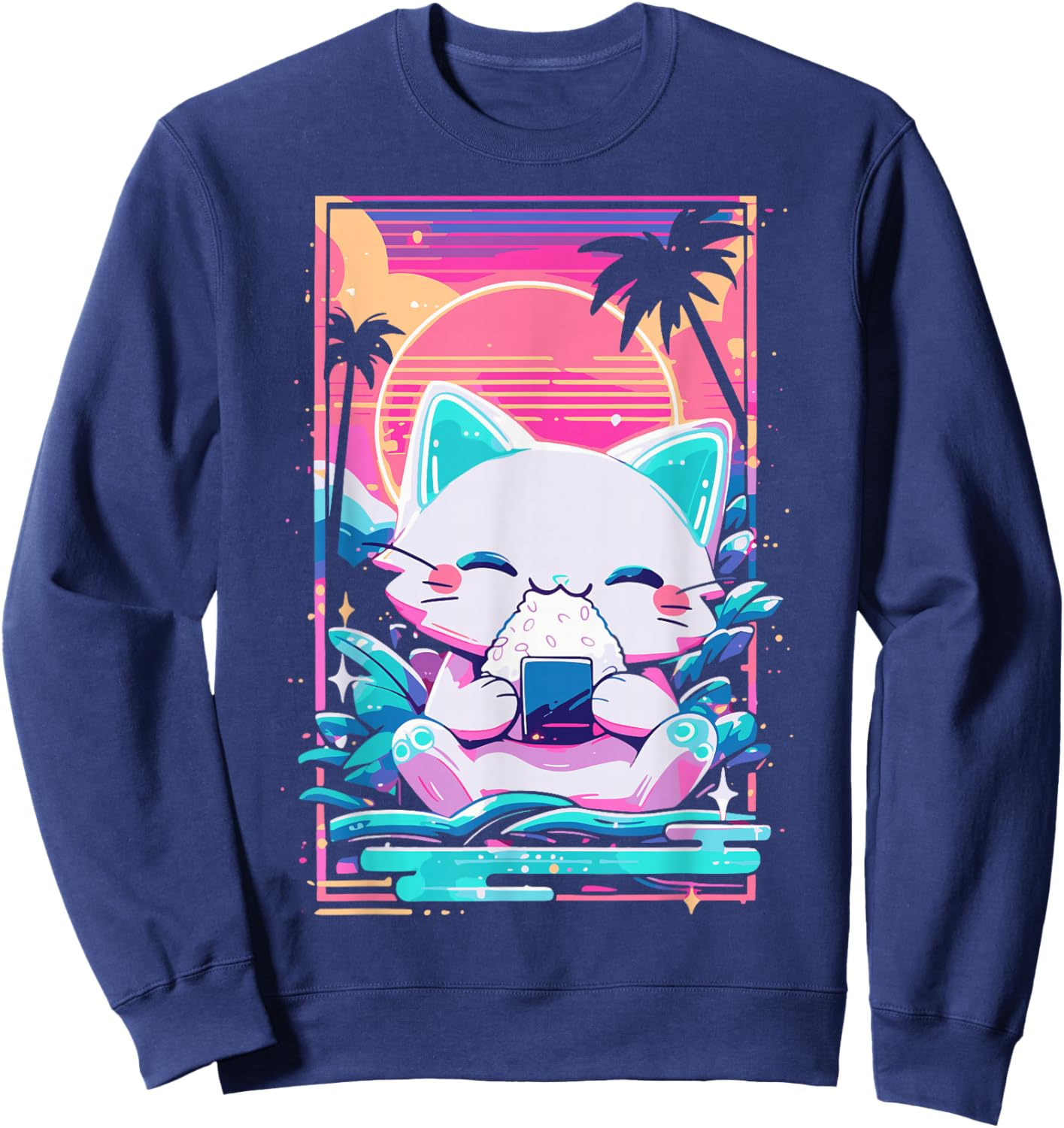 Anime Cat Eating Onigiri Japanese Sushi Cat Japan Sweatshirt - Sweatshirt | Navy