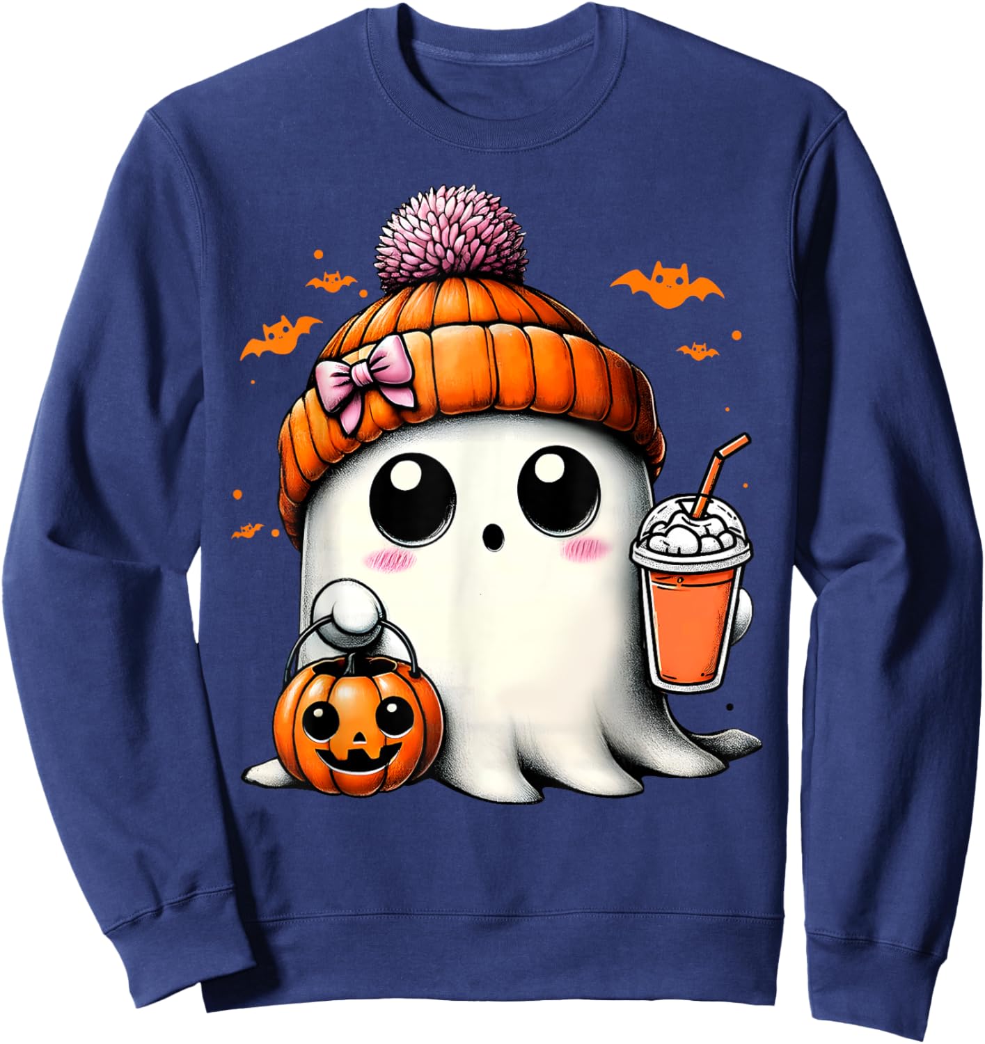 Cute Ghost Drinking Coffee Halloween Ghost Ice Coffee Sweatshirt - Sweatshirt | Navy