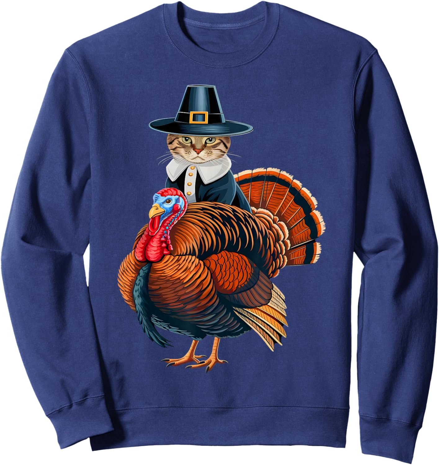 Pilgrim Cat With Turkey Funny Thanksgiving Cat And Turkey Sweatshirt - Sweatshirt | Navy