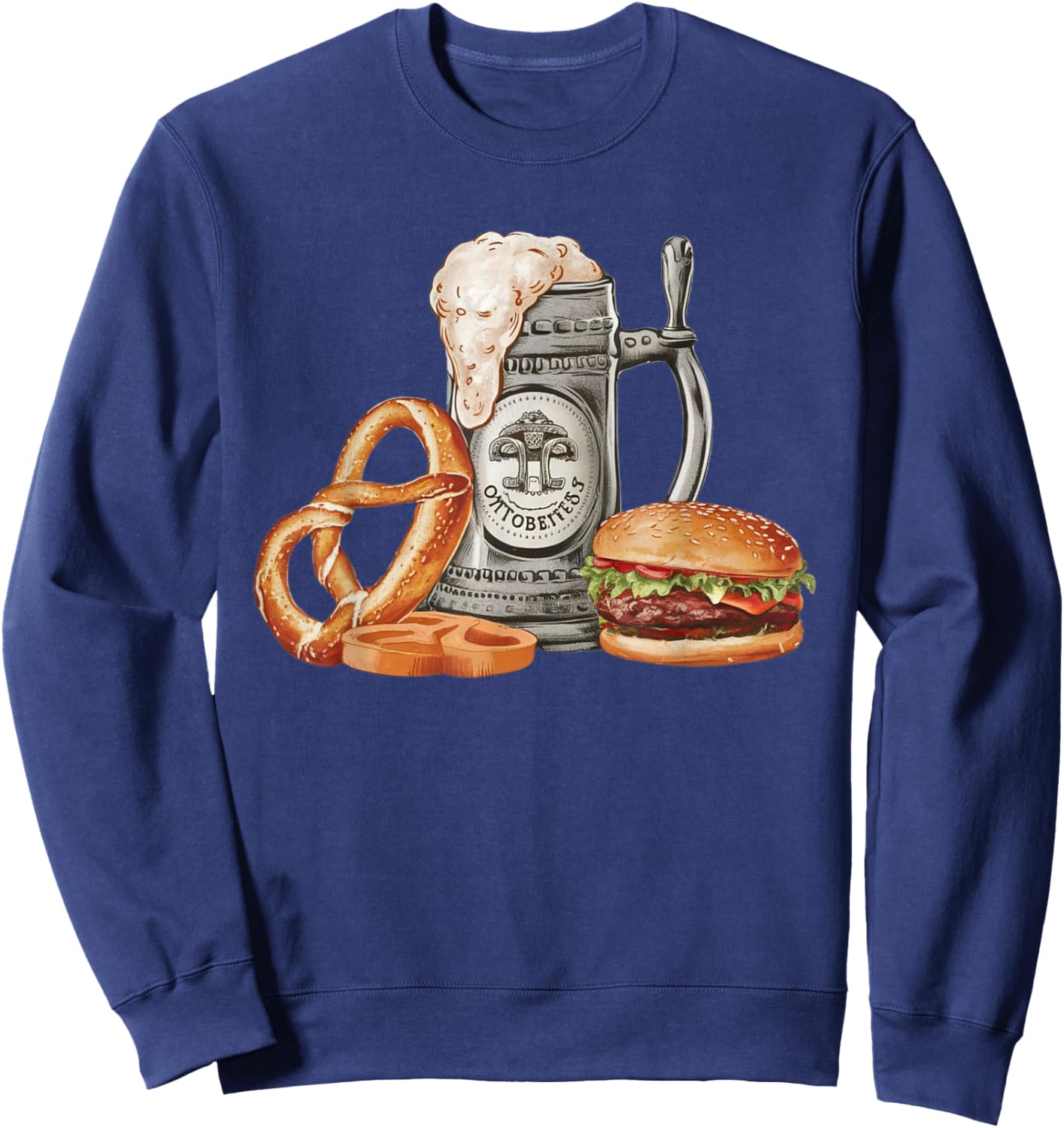 Oktoberfest Beer Mug with Pretzel and Burger, Festive Bavar Sweatshirt - Sweatshirt | Navy