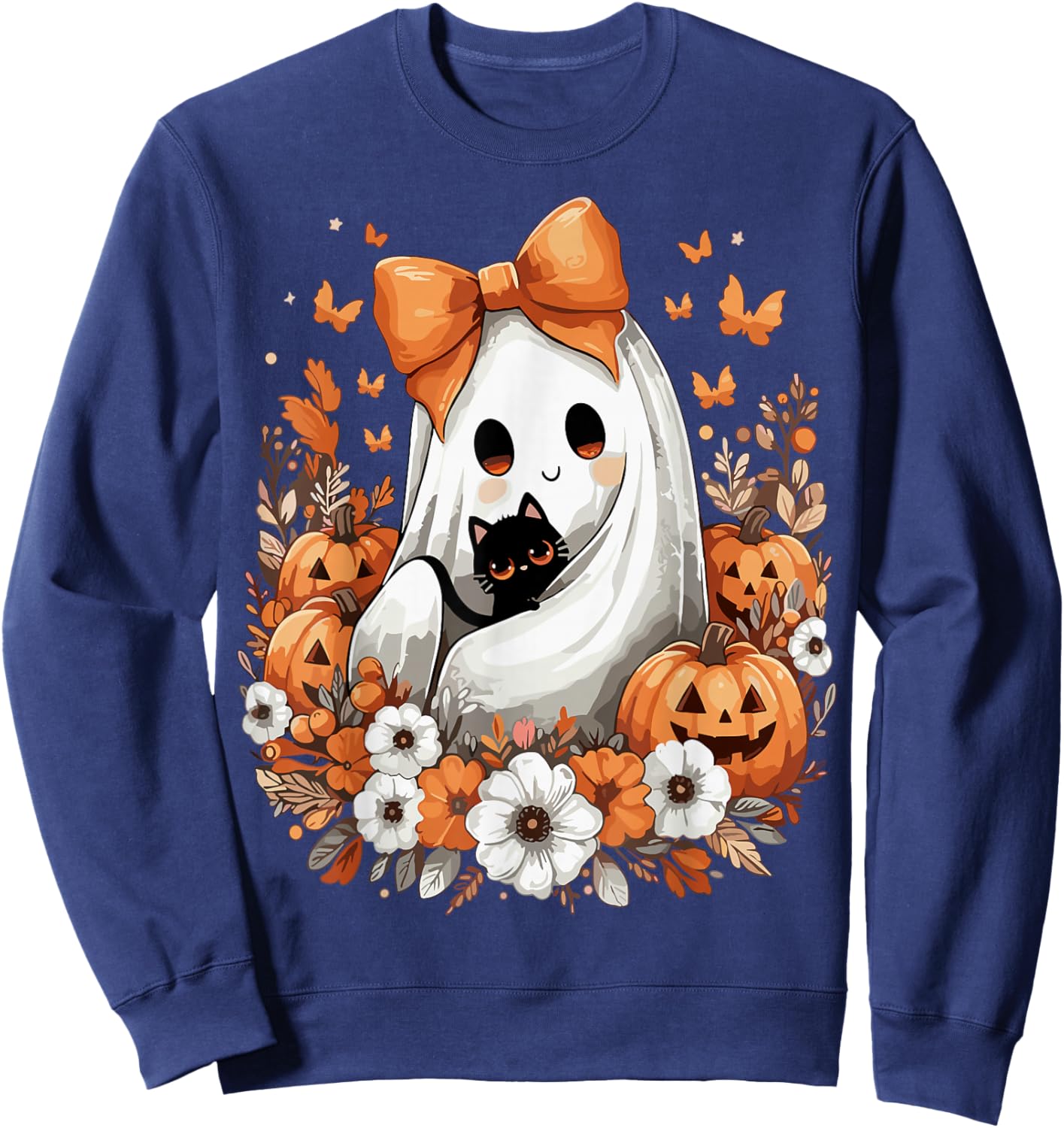 Halloween Vintage Ghost with Black Cat Pumpkin Flowers Sweatshirt - Sweatshirt | Navy