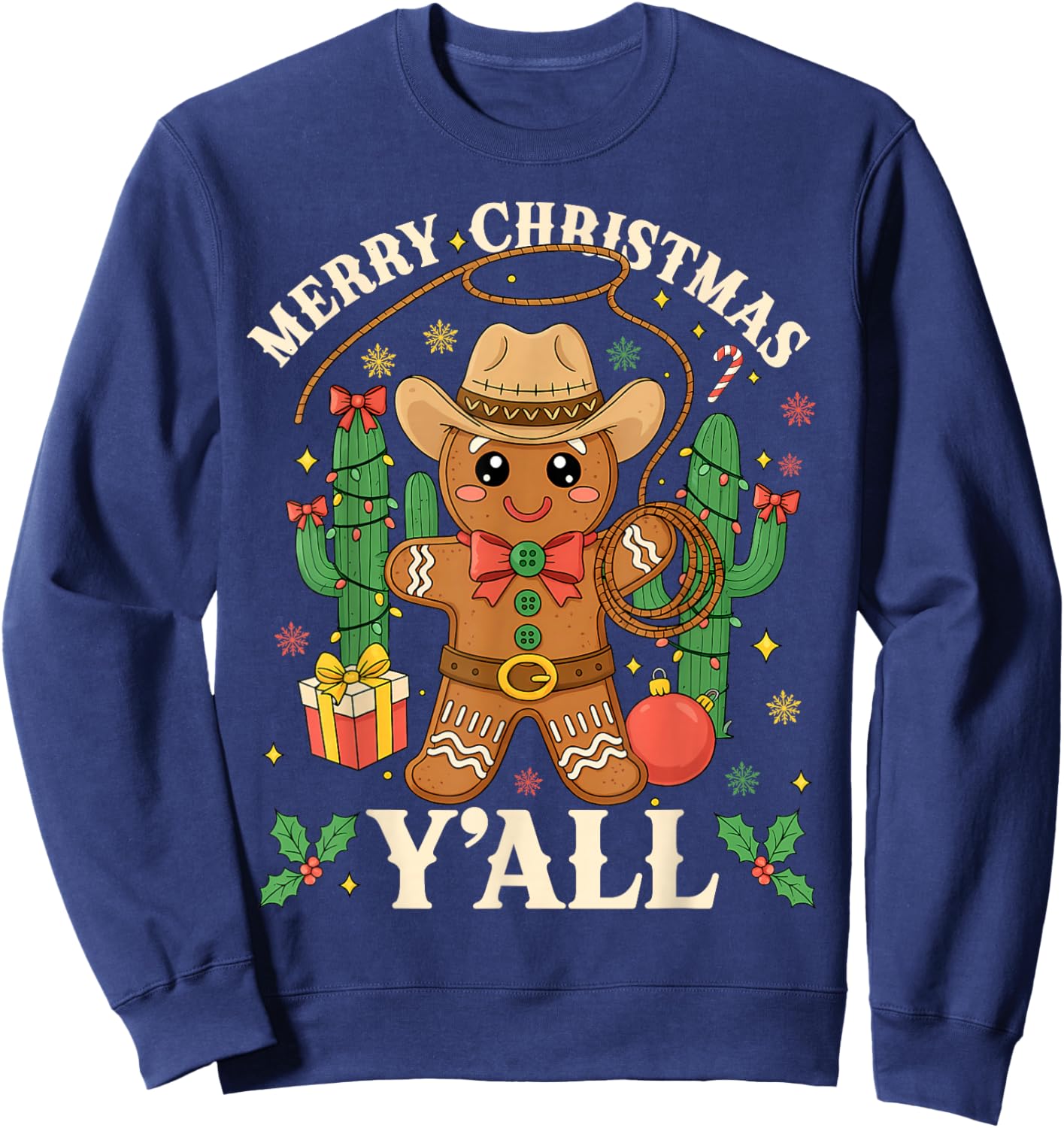 Merry Christmas Yall Gingerbread Cowboy Cowgirl Howdy Xmas Sweatshirt - Sweatshirt | Navy