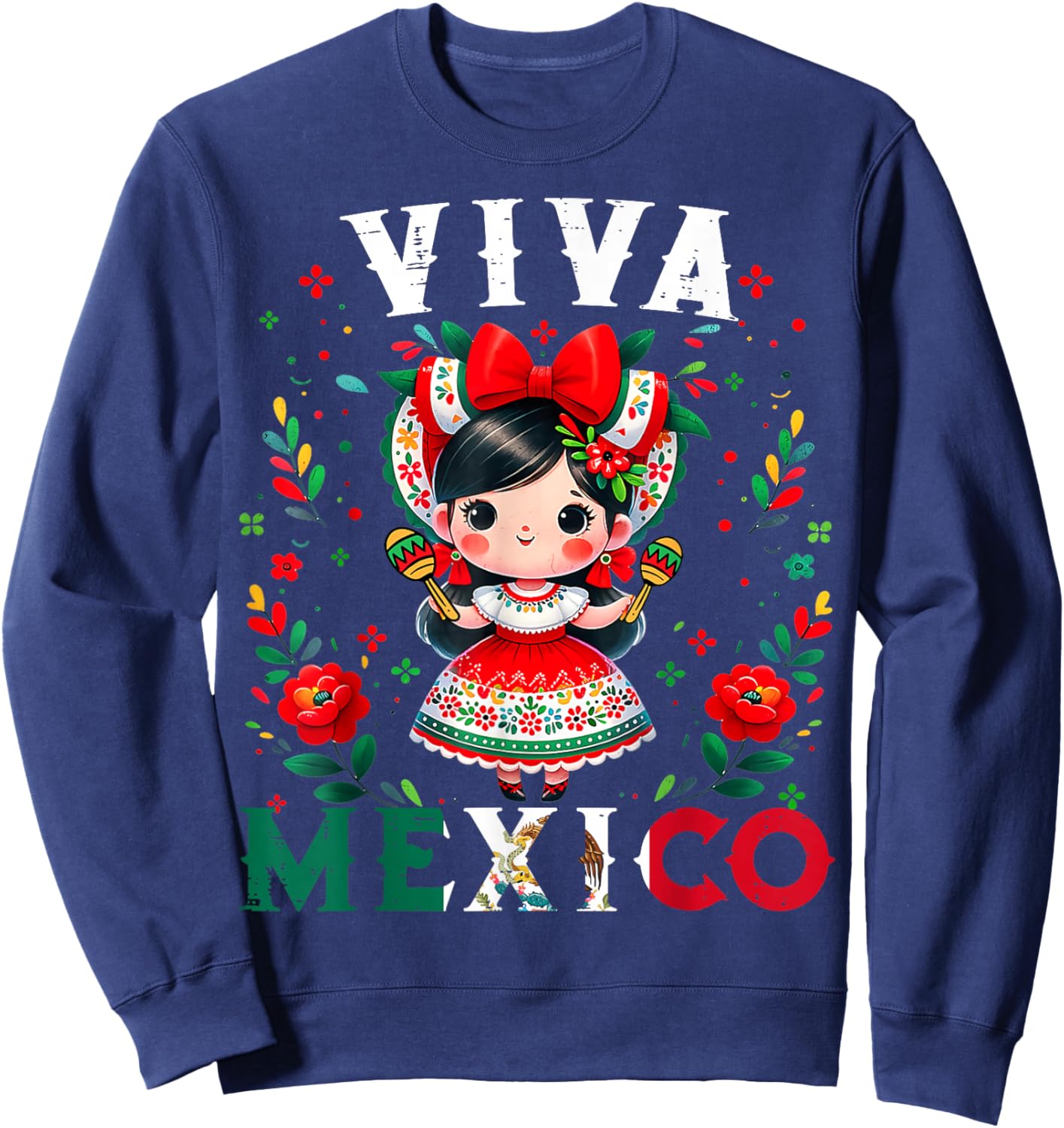 Viva Mexico Flag Mexican Independence Day Girls Kids Sweatshirt - Sweatshirt | Navy