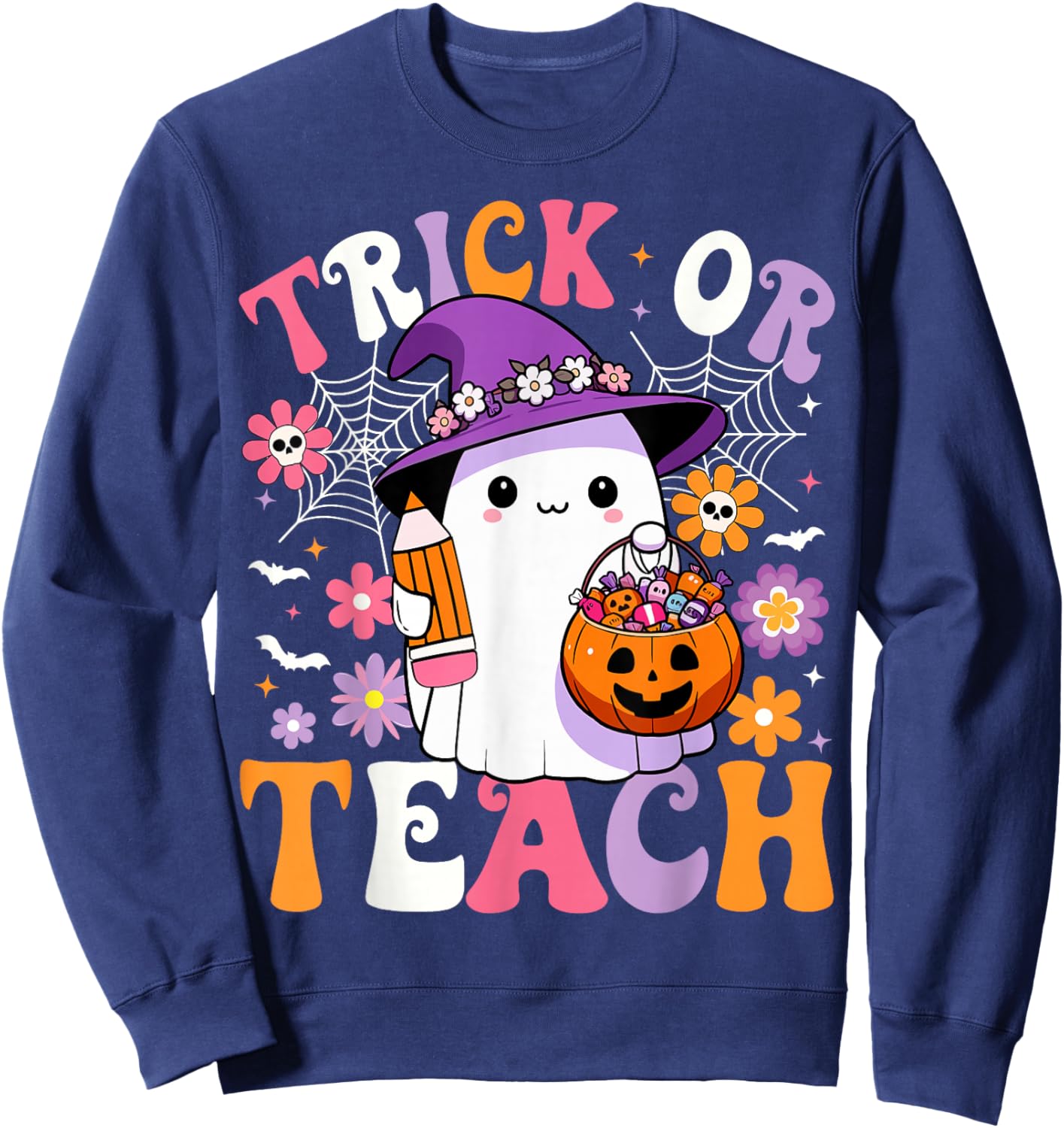Trick Or Teach Groovy Teacher Ghost Funny Halloween Teacher Sweatshirt - Sweatshirt | Navy