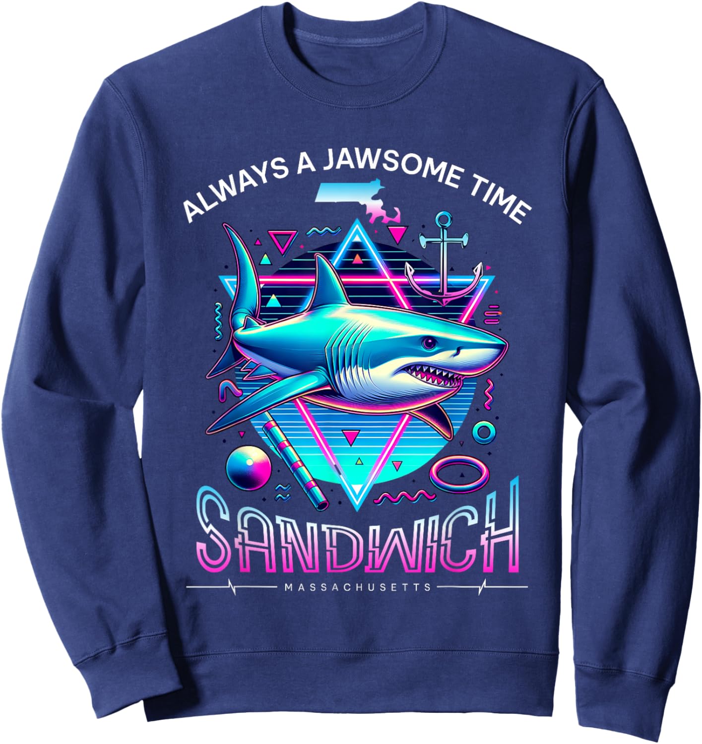 Sandwich MA Shark Retro 80s Funny Souvenir Cape Cod Sweatshirt - Sweatshirt | Navy