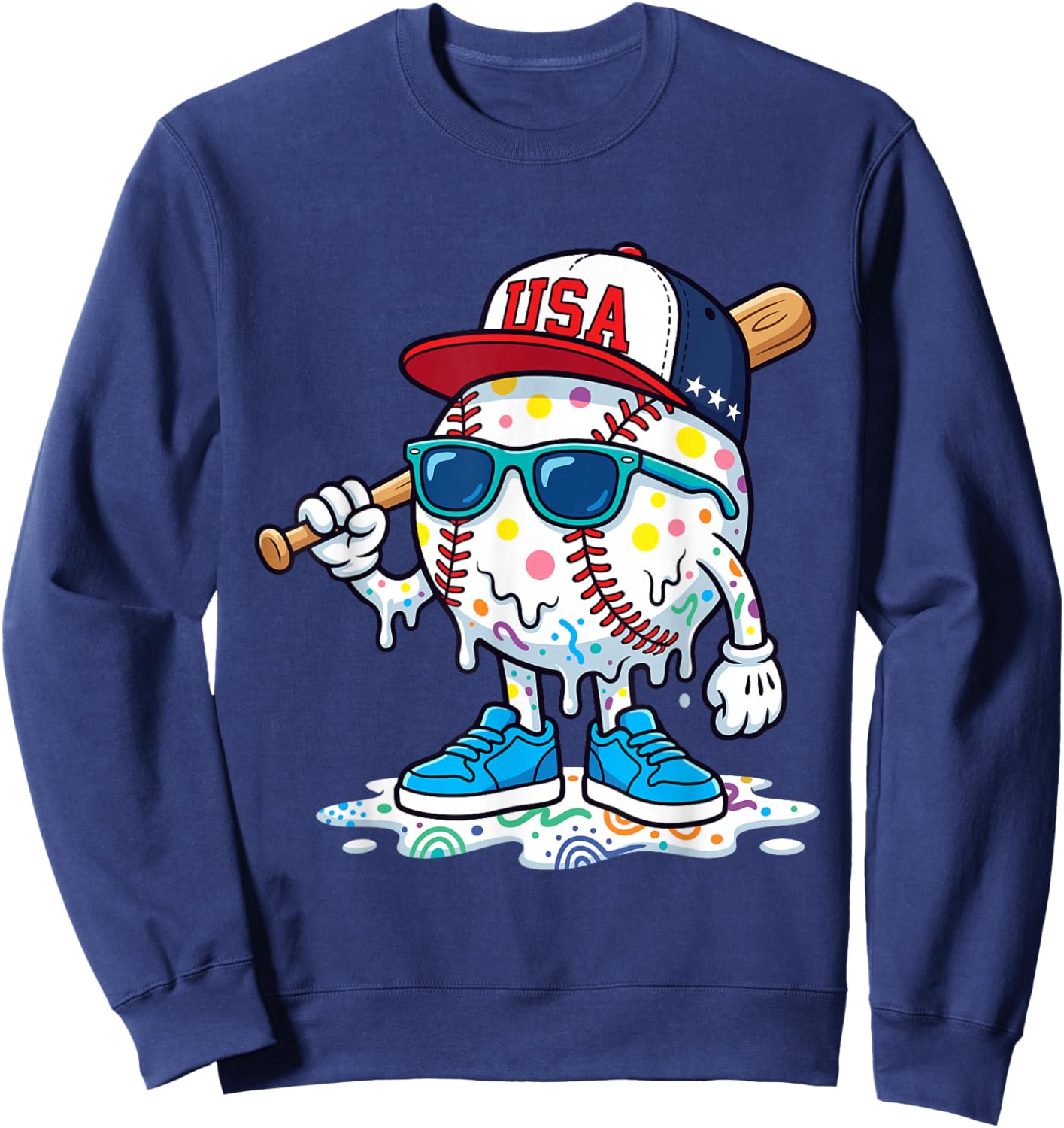 Baseball Drip American Flag for Boys Kids Youth 4th of July Sweatshirt - Sweatshirt | Navy