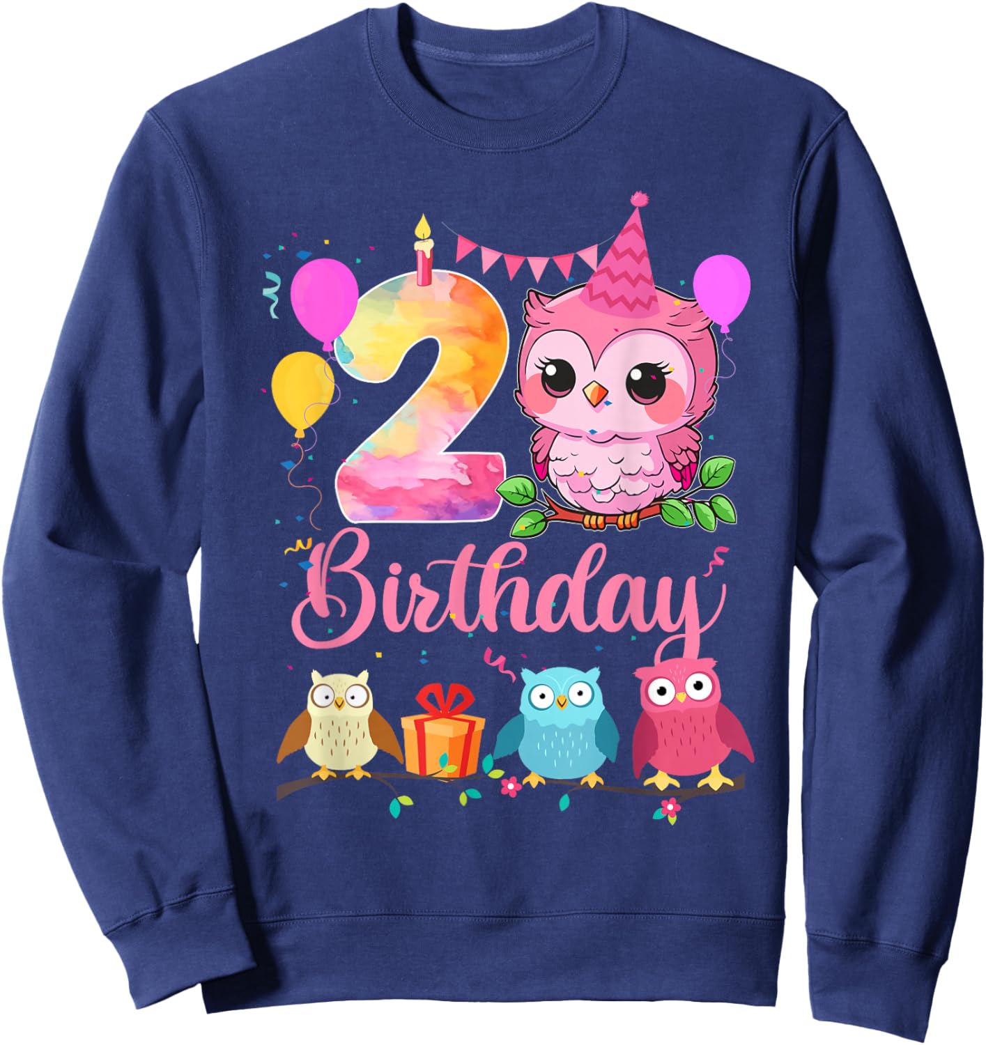 2nd Owl Birthday Party 2 Years Old Girls Owl Birthday Sweatshirt - Sweatshirt | Navy