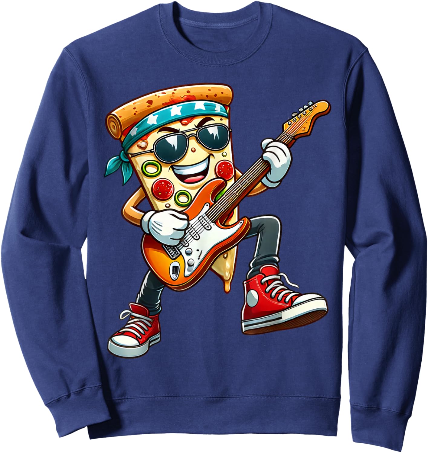 Funny Pizza Rockstar Electric Guitar Music Men Women Kids Sweatshirt - Sweatshirt | Navy