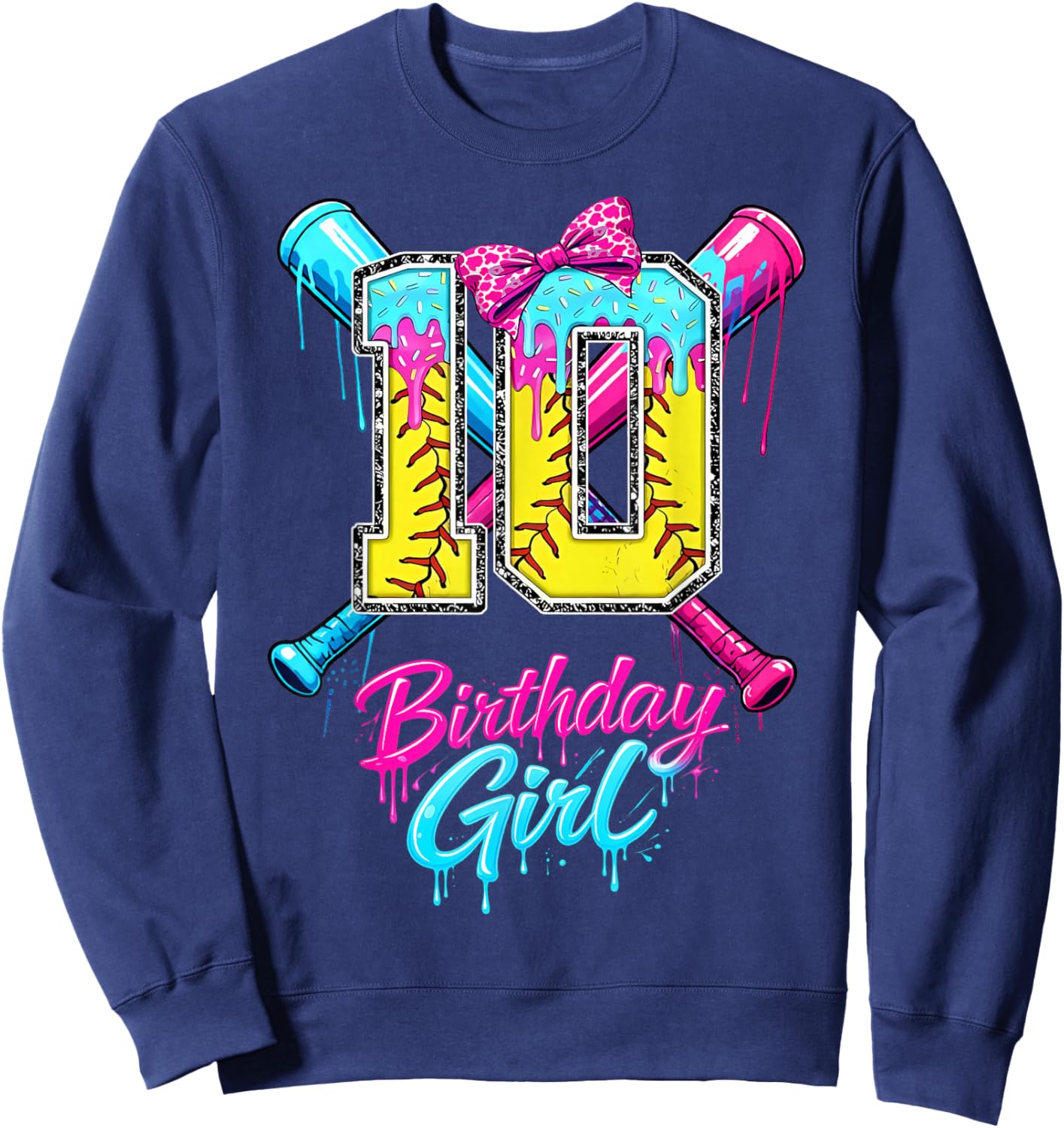 Kids 10th Birthday Girl Softball Ice Cream Drip Coquette Bow Sweatshirt - Sweatshirt | Navy