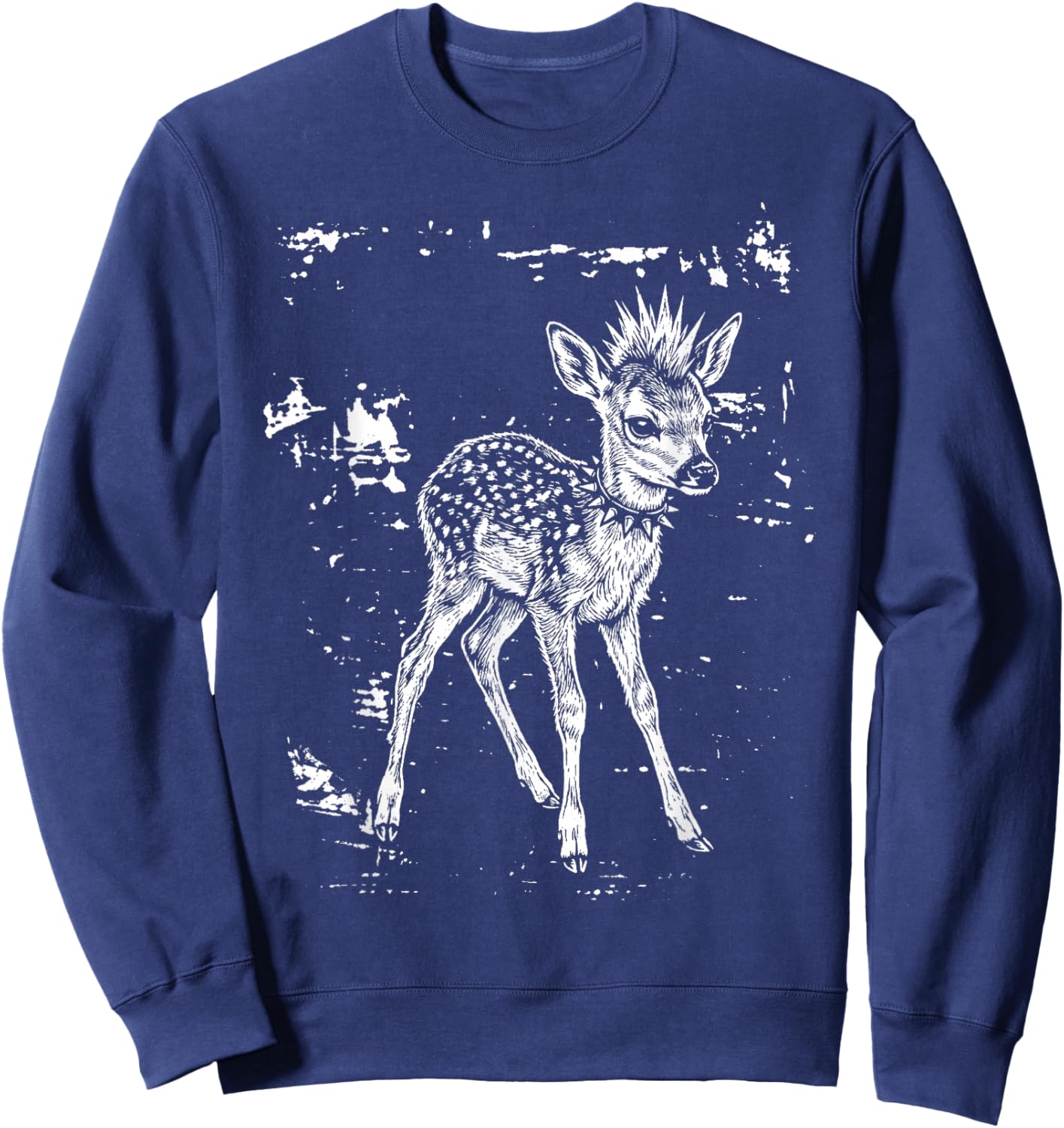 Funny Punk Rock Deer Fawn Spiky Collar Mohawk Grunge Sweatshirt - Sweatshirt | Navy