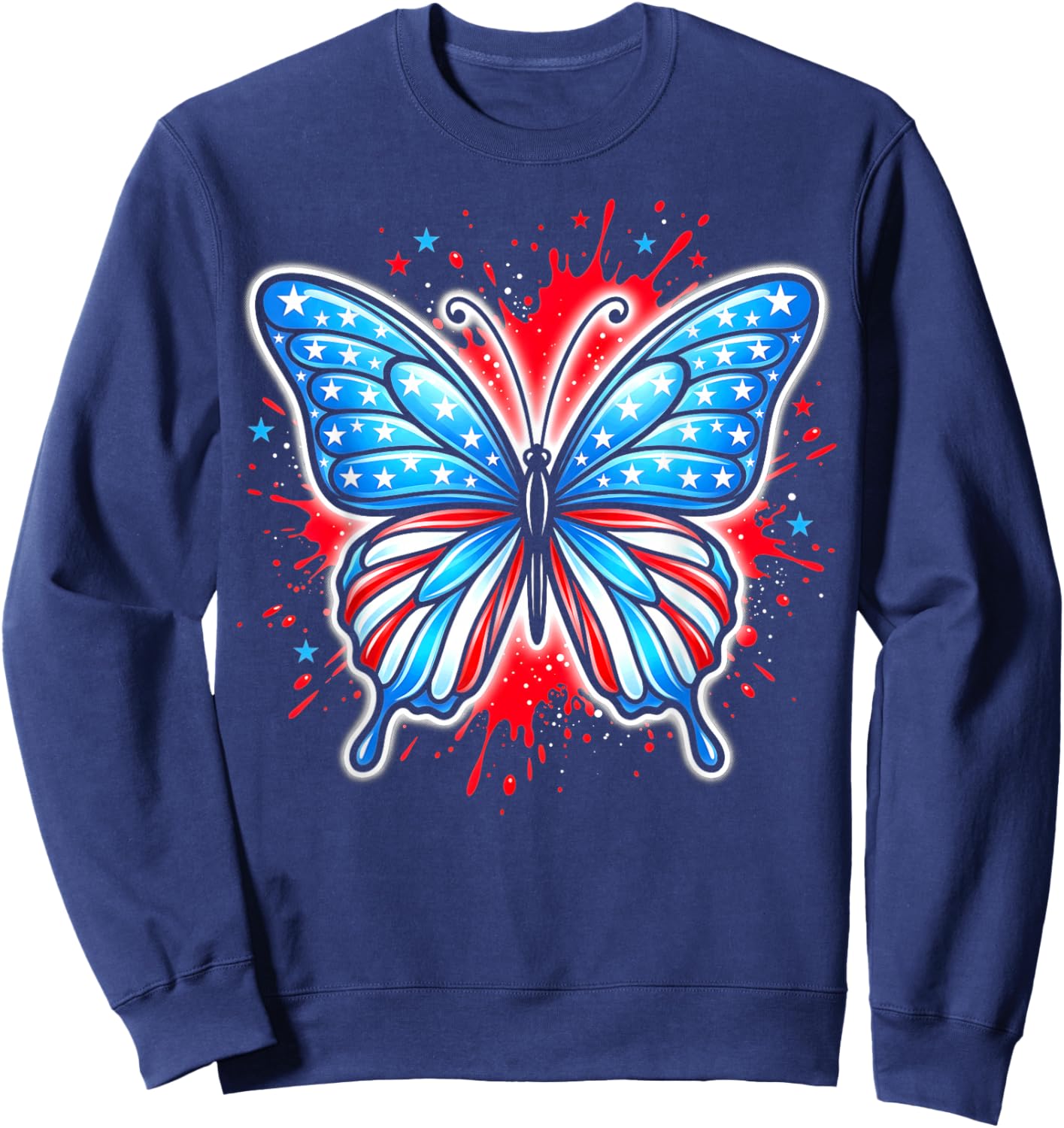Patriotic Women Girl American Flag 4th of July Butterfly Sweatshirt - Sweatshirt | Navy