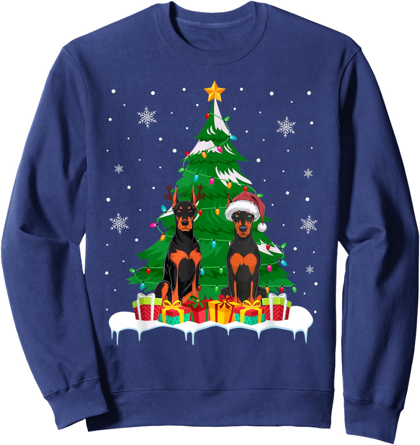 Doberman Pinscher Dog Christmas Tree Light Santa Reindeer PJ Sweatshirt - Sweatshirt | Navy