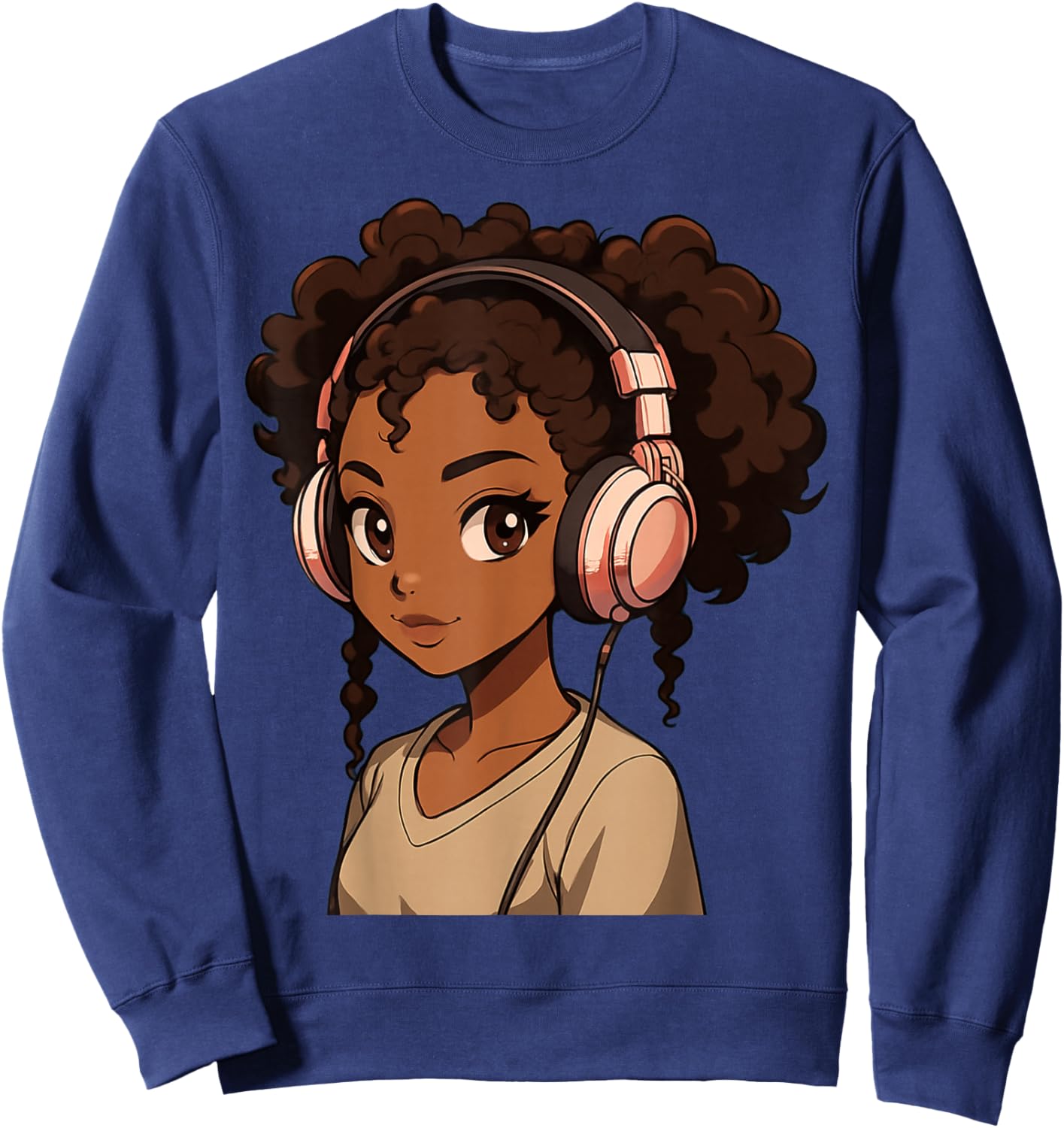 Anime Girl with Headphones Illustration Sweatshirt - Sweatshirt | Navy
