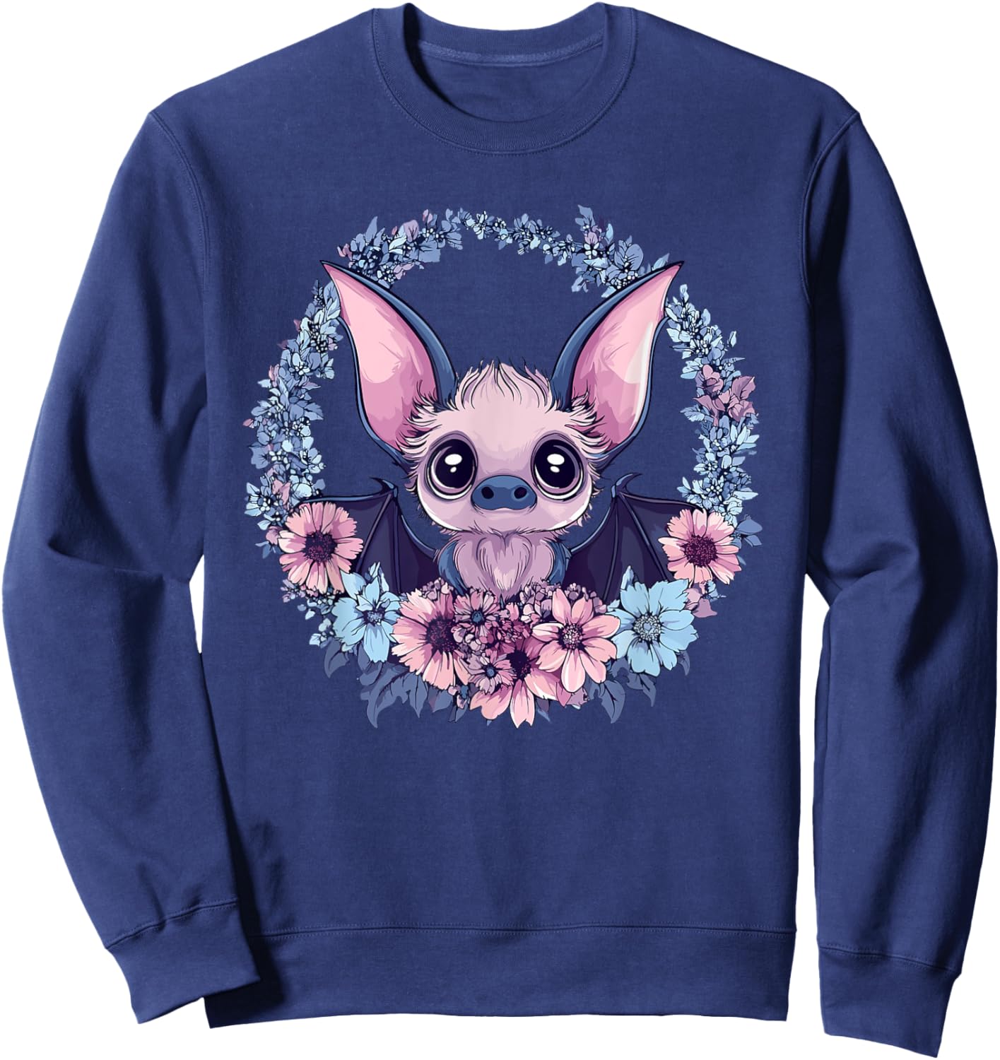 Adorable Bat Surrounded By Beautiful Flowers Sweatshirt - Sweatshirt | Navy