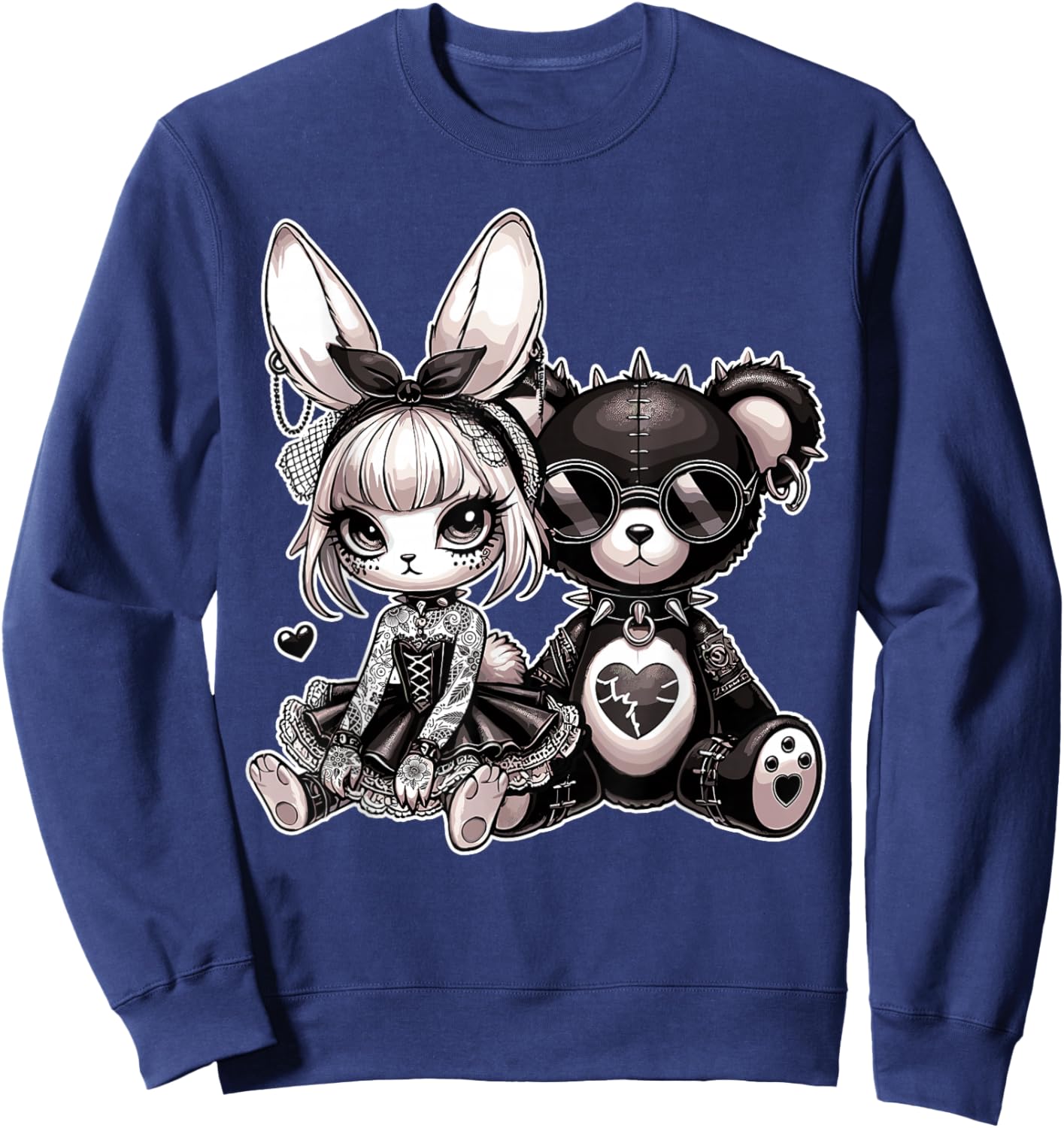 Gothic Bunny & Punk Teddy Bear Aesthetic Sweatshirt - Sweatshirt | Navy