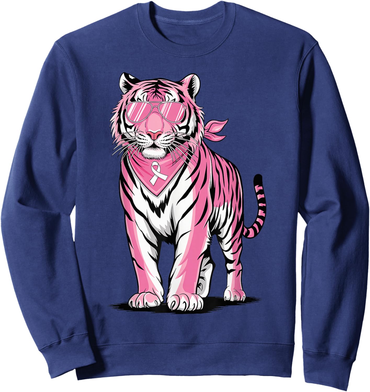 Pink Tiger with Sunglasses Bandana Breast Cancer Awareness Sweatshirt - Sweatshirt | Navy