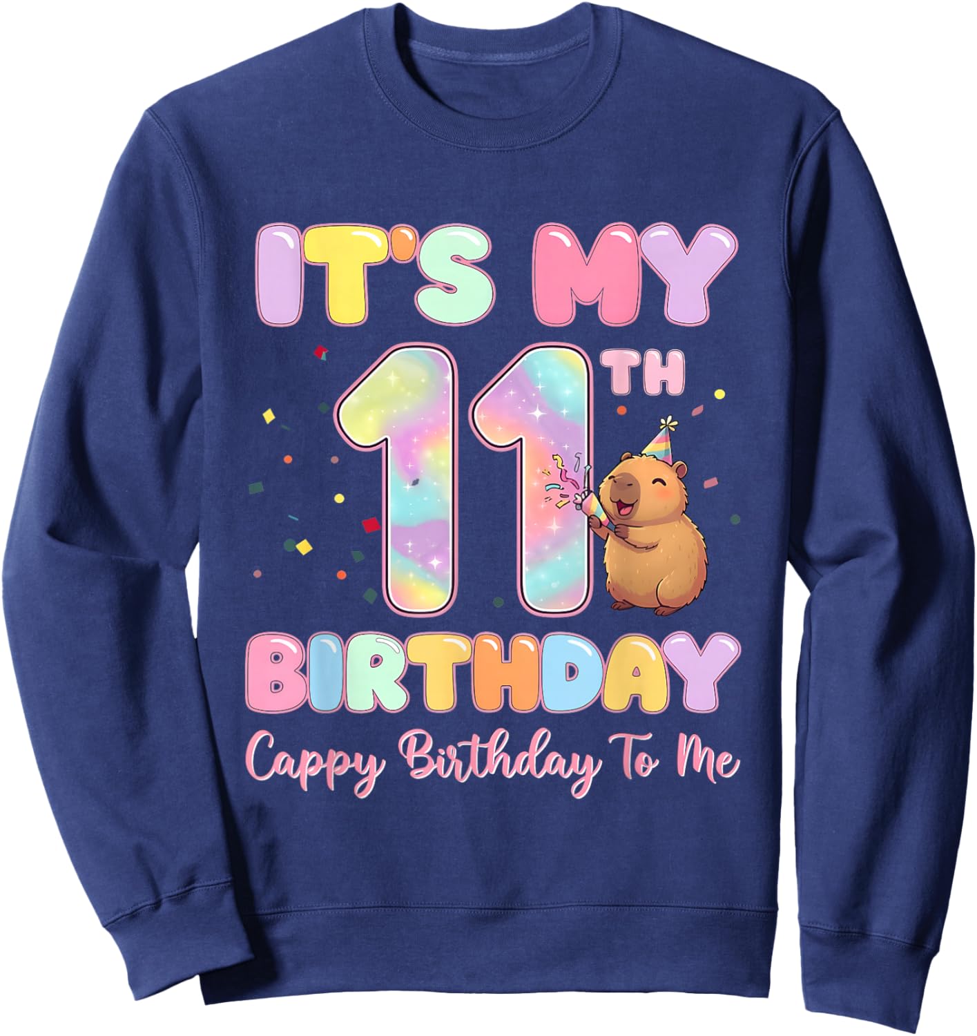 It's My 11th Birthday Cappy Birthday to Me Capybaras Groovy Sweatshirt - Sweatshirt | Navy