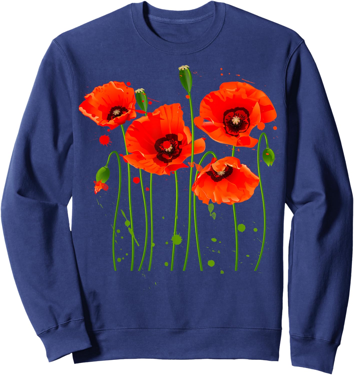 Watercolor Red Poppy Floral Garden Lover Botanical Plants Sweatshirt - Sweatshirt | Navy