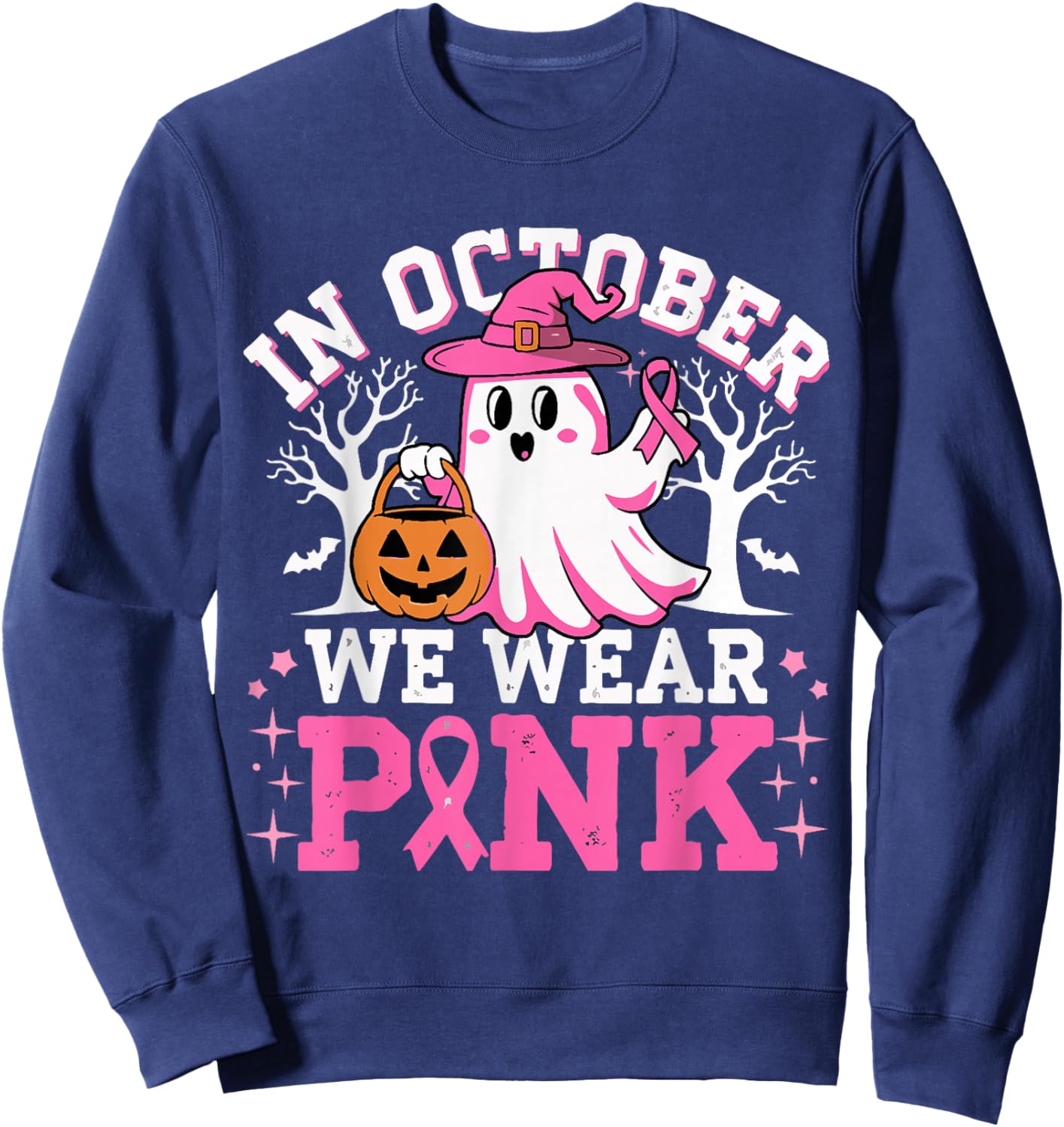 In October We Wear Pink Witch Ghost Halloween Breast Cancer Sweatshirt - Sweatshirt | Navy