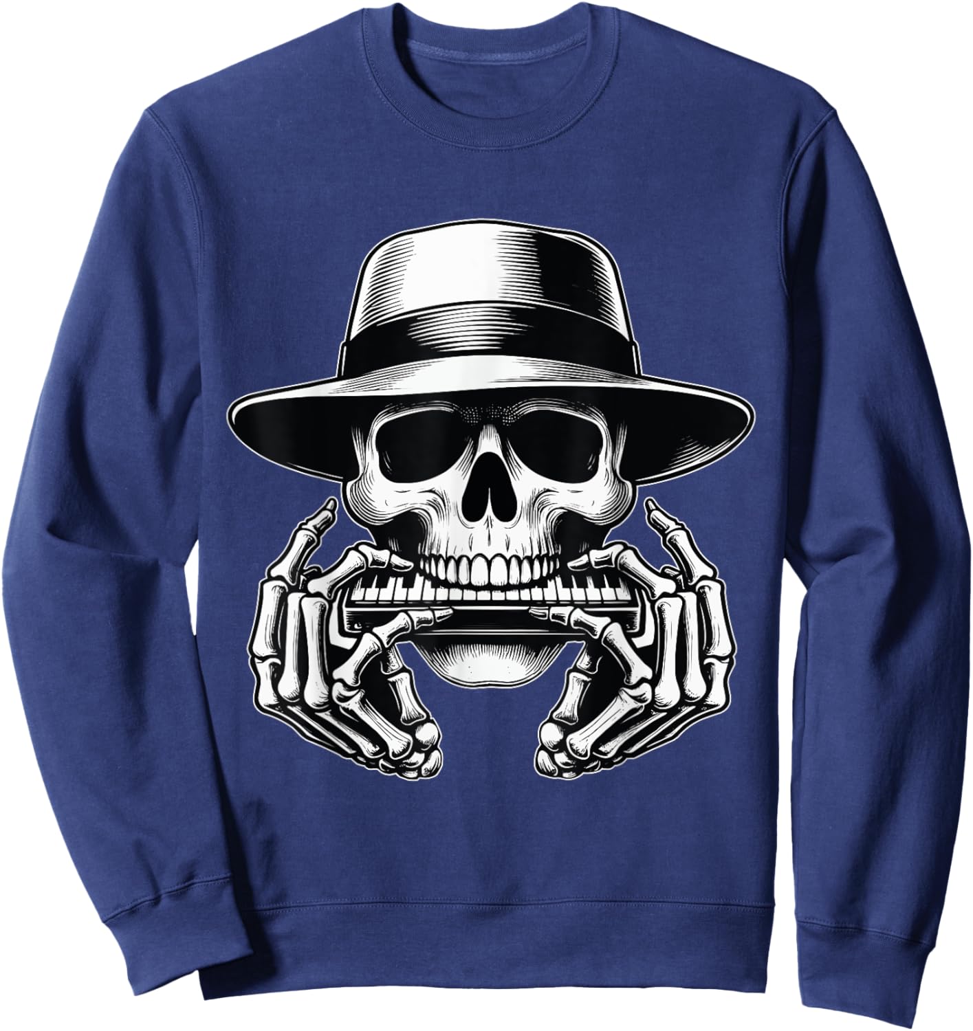 Skeleton Playing Harmonica Blues Musician Mouth Organ Player Sweatshirt - Sweatshirt | Navy