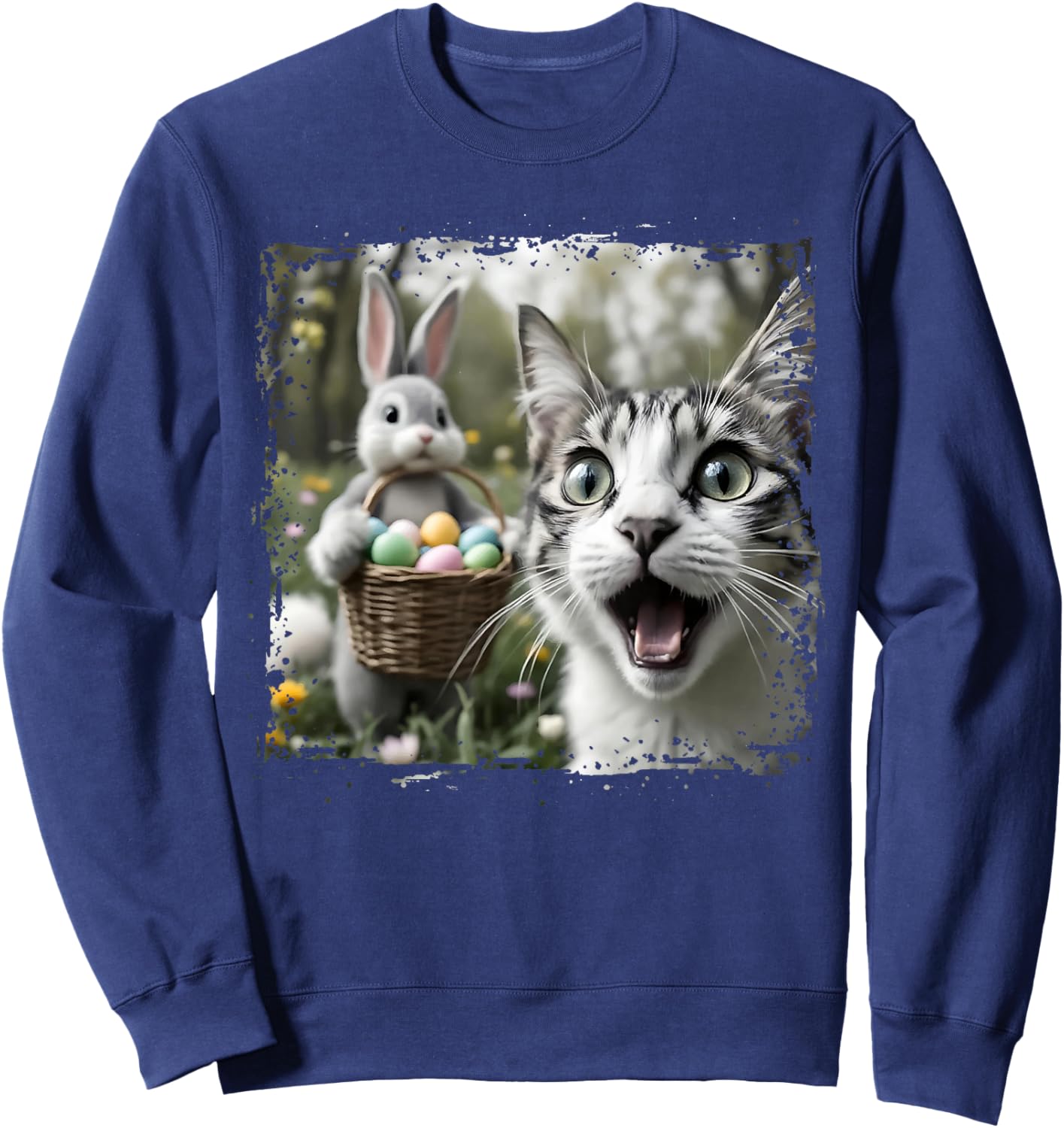 Funny Easter Cat Selfie with Easter Bunny Adults Kids Easter Sweatshirt - Sweatshirt | Navy