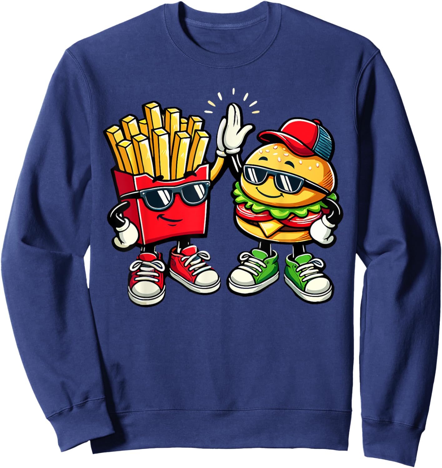 Hamburger Fries High Five | Cool Fun Combo Snacks Funny Sweatshirt - Sweatshirt | Navy