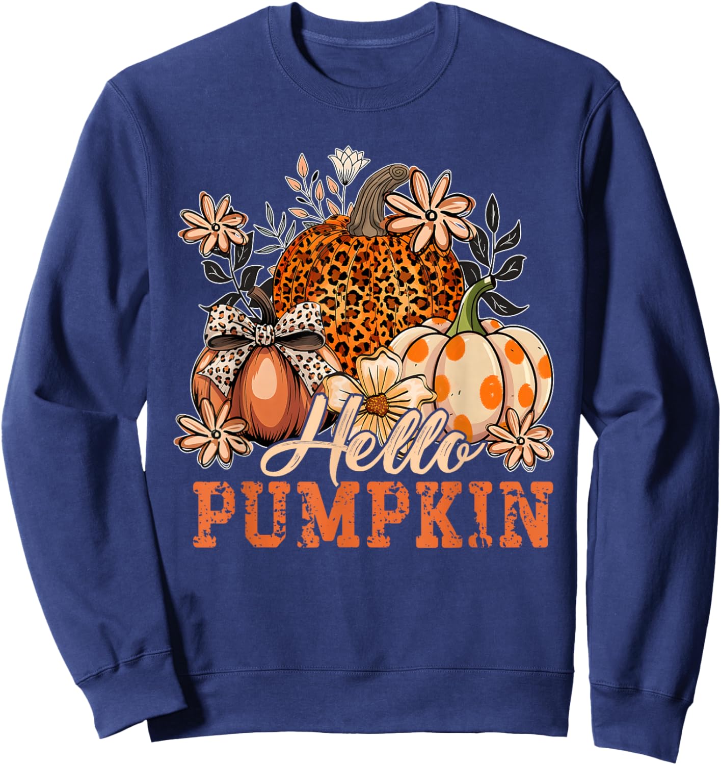 Hello Pumpkin Leopard Print for Fall Thanksgiving Kid Sweatshirt - Sweatshirt | Navy