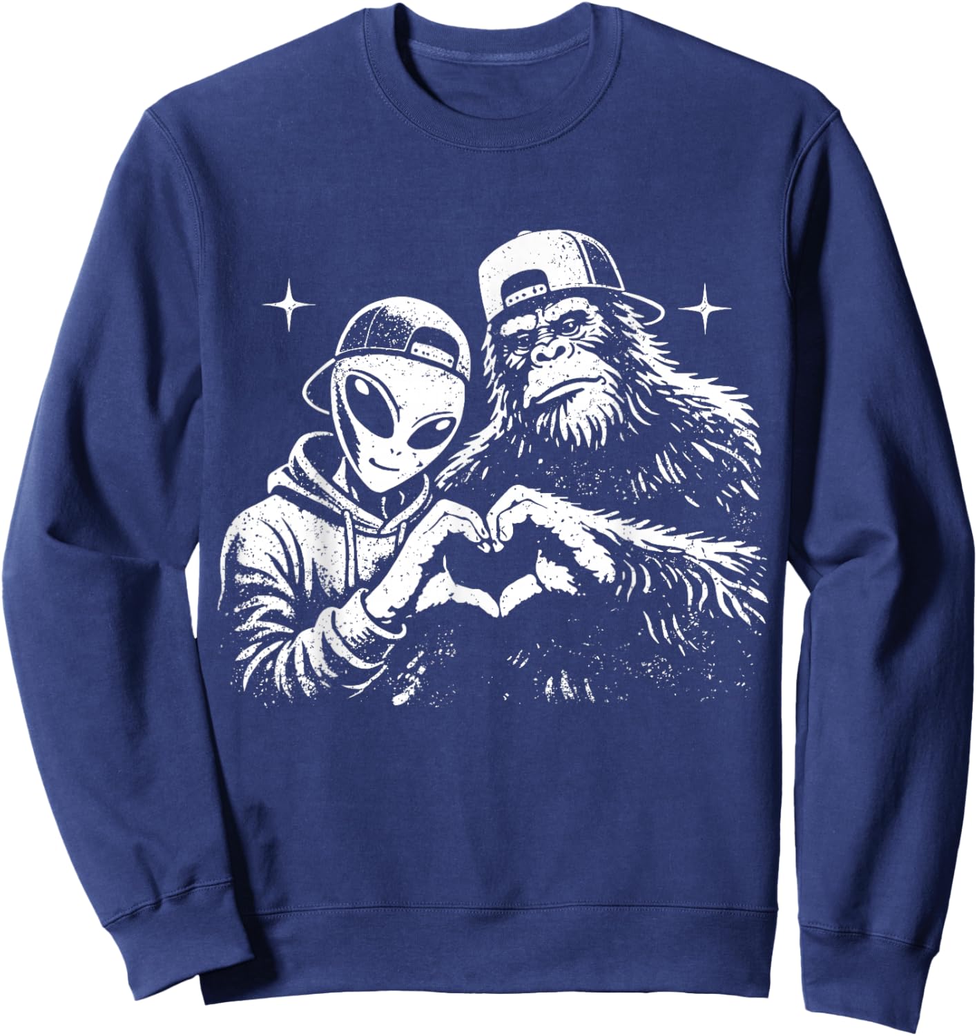 Big Foot and Alien Heart Love Hand Sign Funny Valentine Sweatshirt - Sweatshirt | Navy