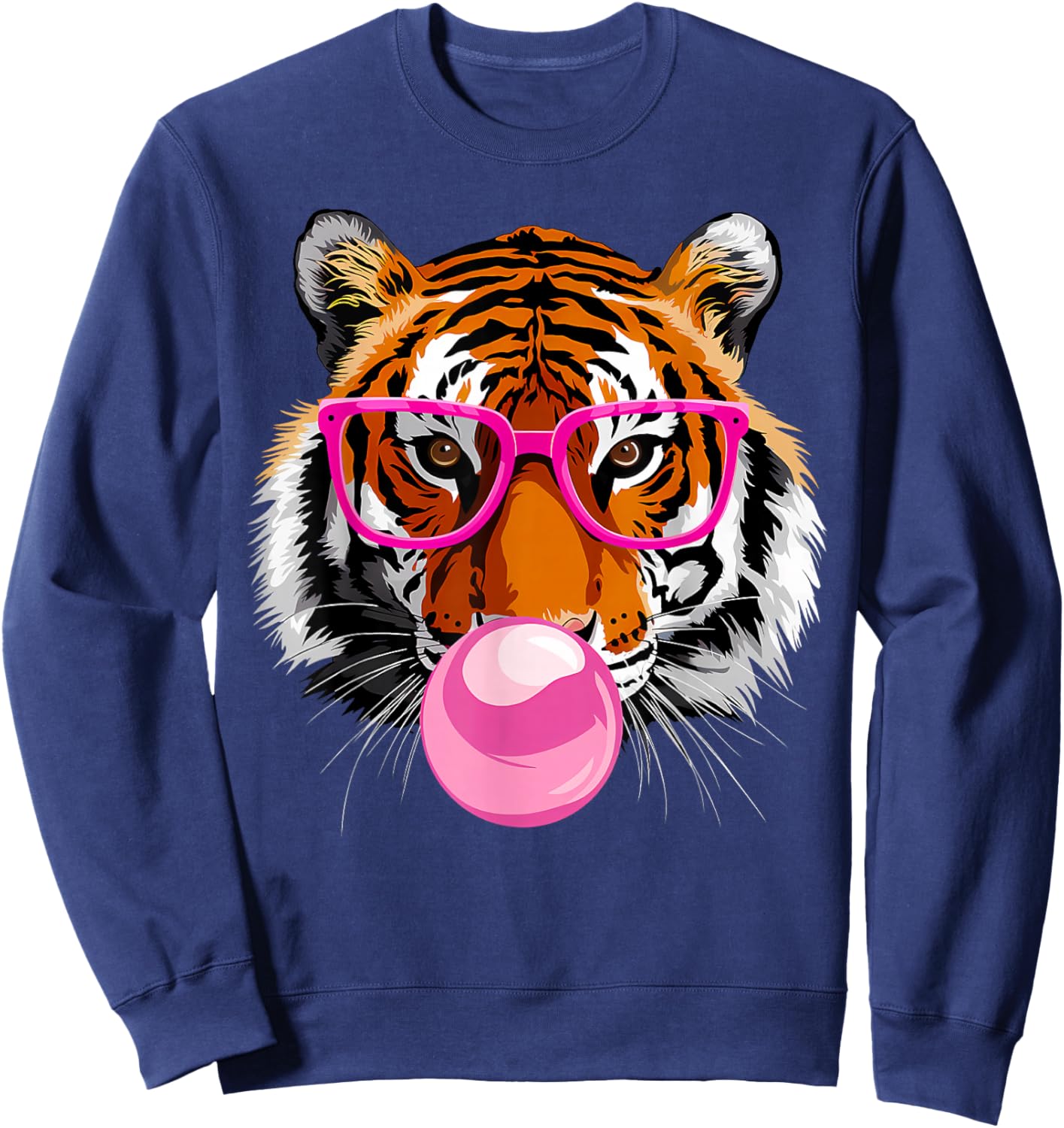 Funny Tiger Wearing Glasses and Blowing Pink Bubble Gum Sweatshirt - Sweatshirt | Navy