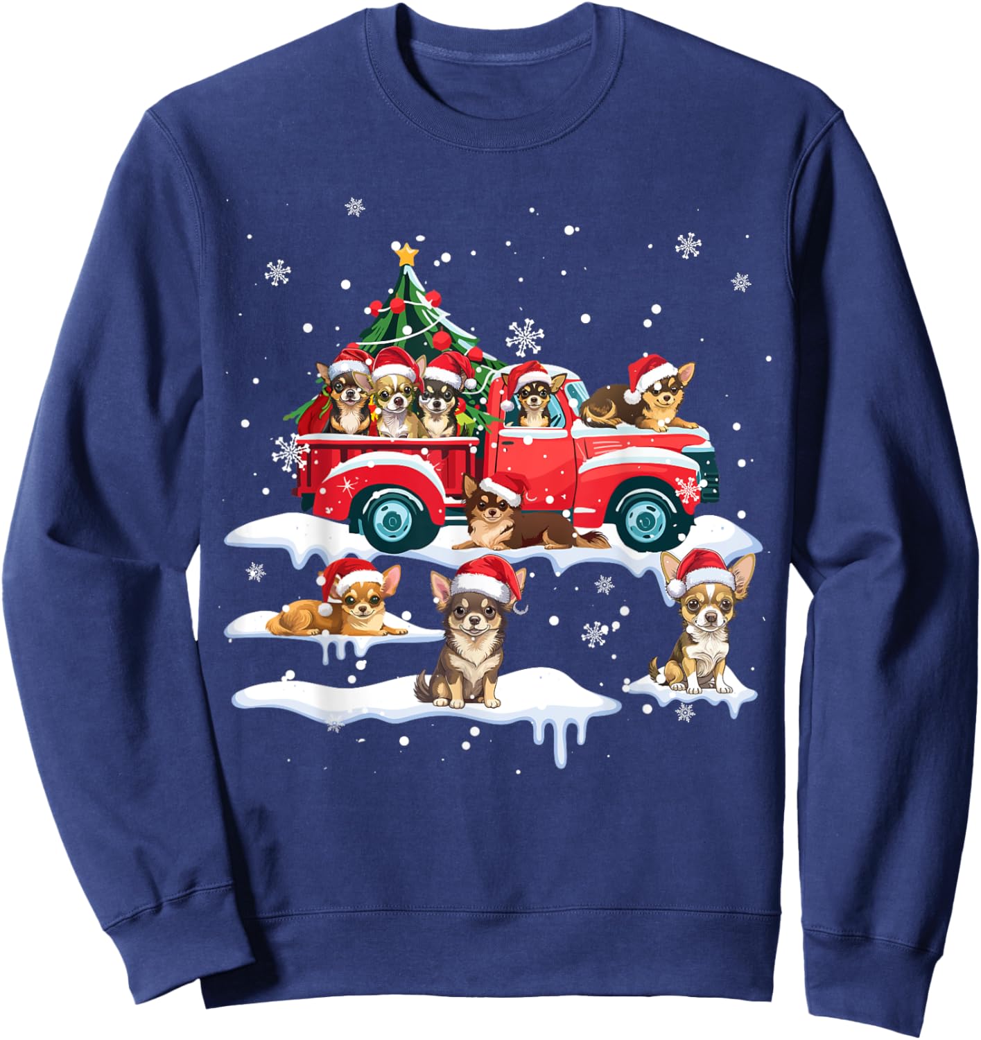 Chihuahua Dog Riding Red Truck Ugly Sweater Merry Christmas Sweatshirt - Sweatshirt | Navy