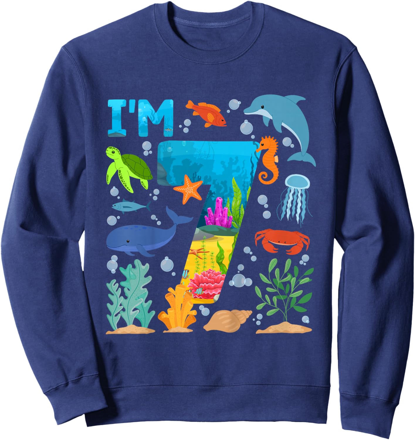 7th Ocean Birthday Party Seven Year Old Sea Animals Sweatshirt - Sweatshirt | Navy