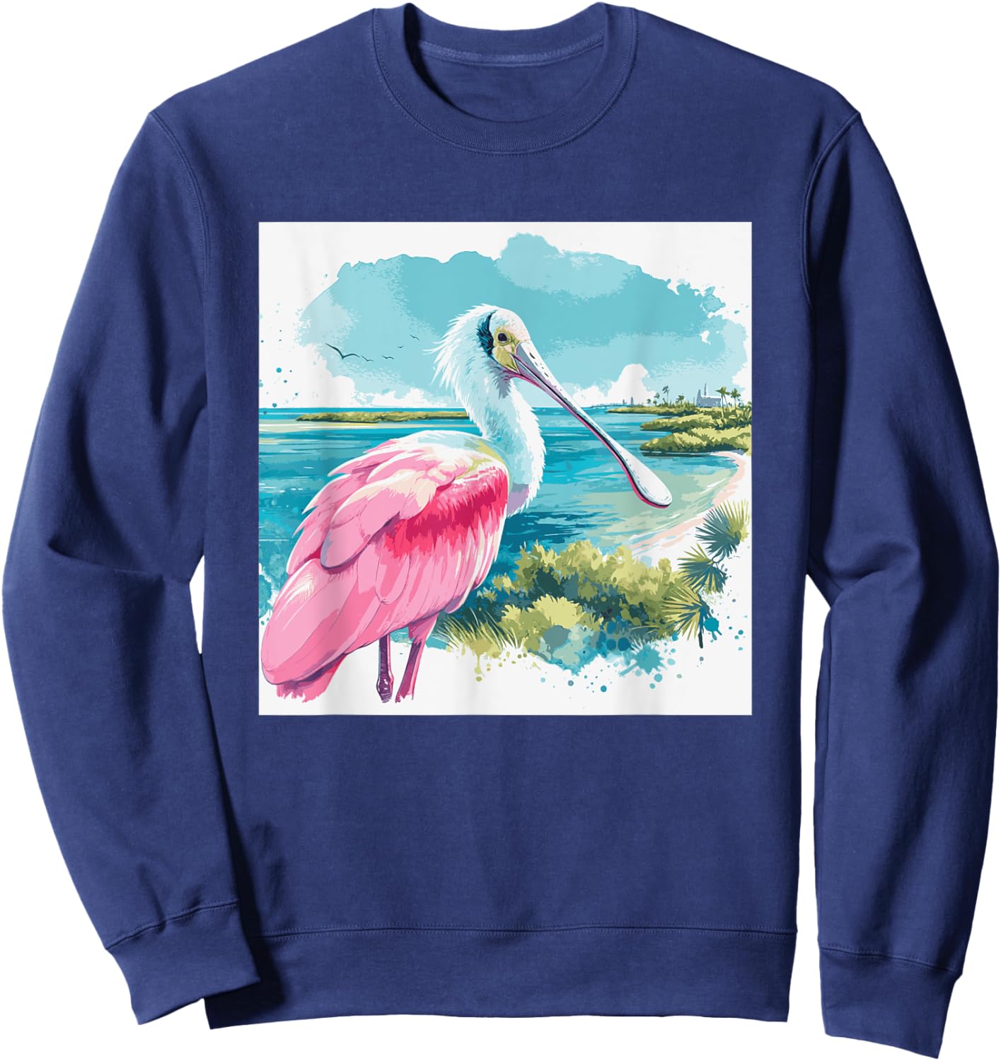Roseate Spoonbill watercolor art in tropical setting Sweatshirt - Sweatshirt | Navy