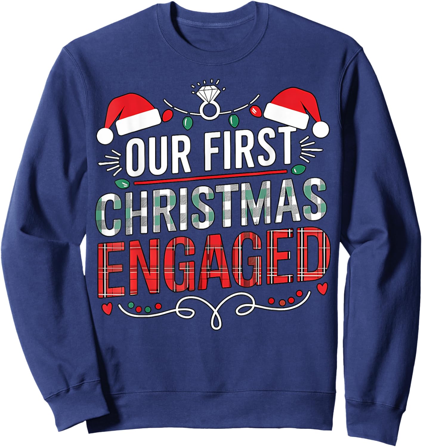 Our First Christmas Engaged 2024 Black Adult Christmas Couple Matching Sweatshirt - Sweatshirt | Navy