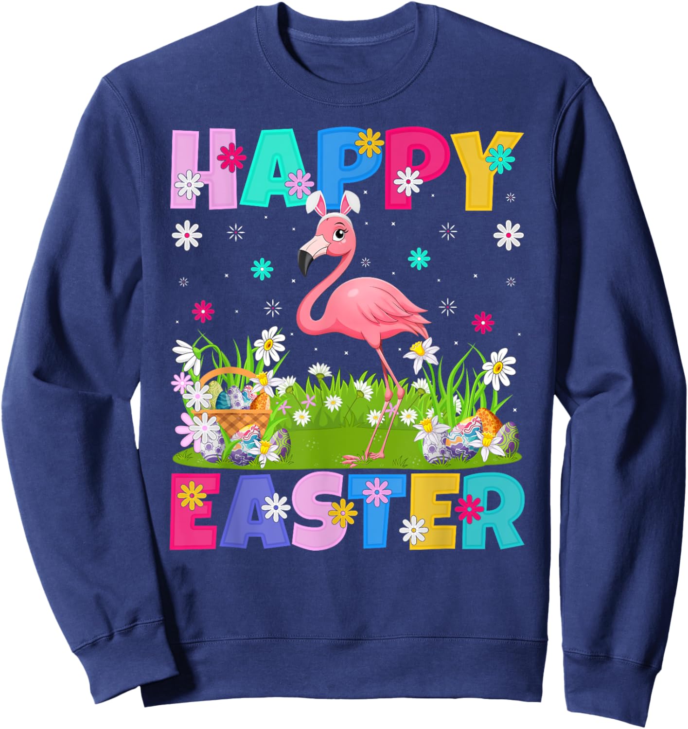 Flamingo Happy Easter Egg Hunt Bunny Ear Flamingo Easter Sweatshirt - Sweatshirt | Navy