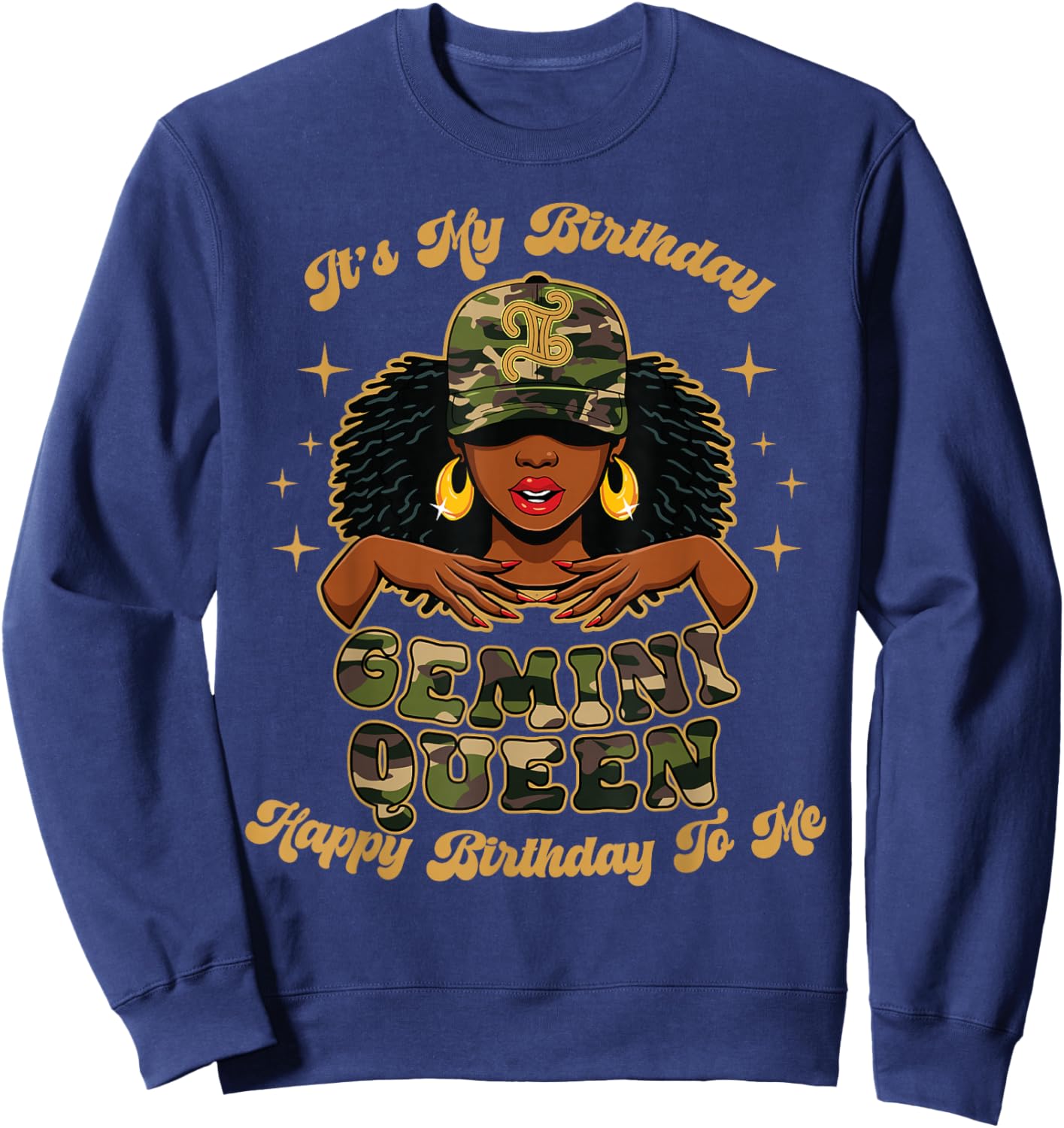 Birthday Gemini Queen Camo Black Woman African Zodiac Afro Sweatshirt - Sweatshirt | Navy
