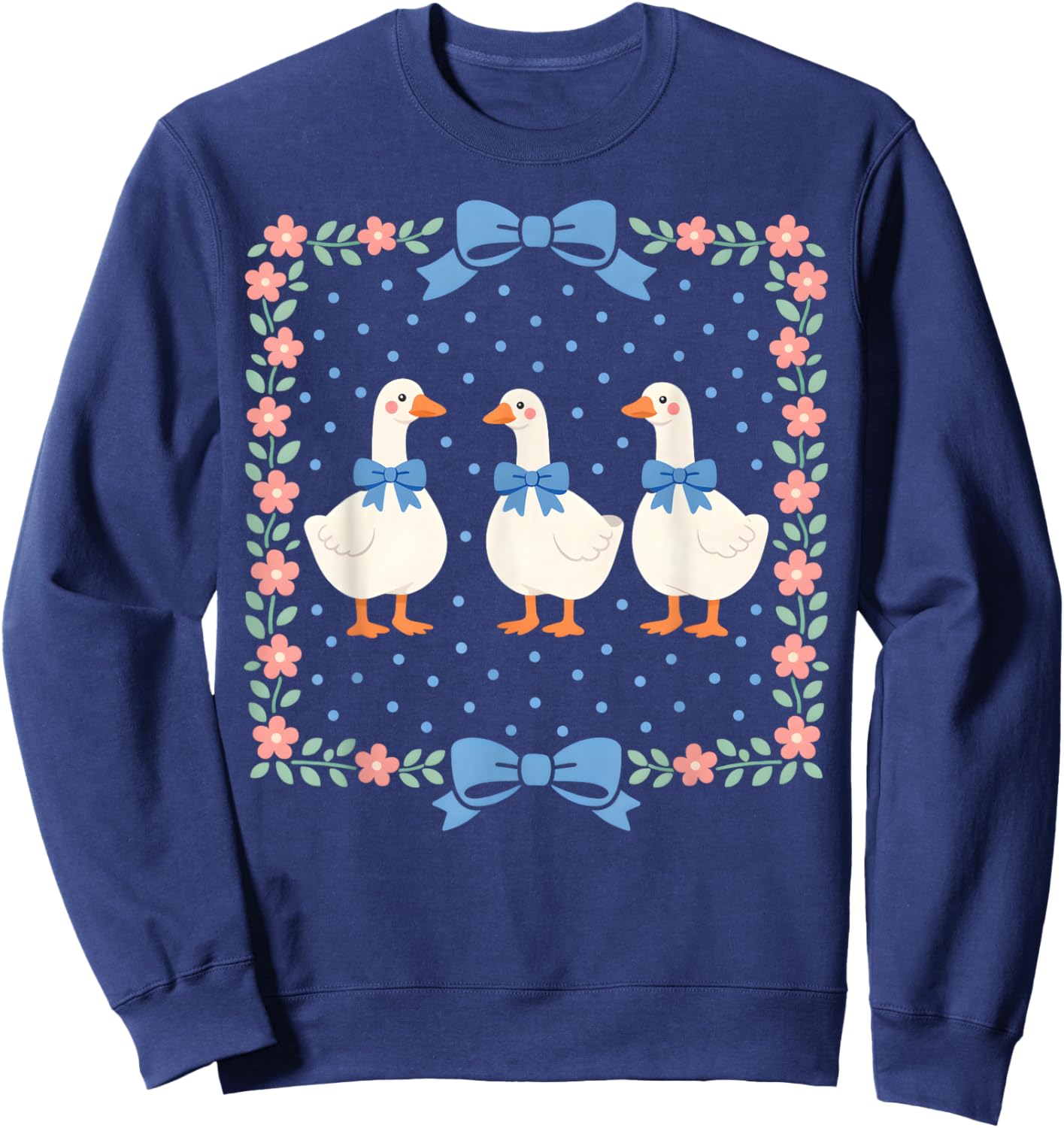 Vintage Country Geese and Flowers Bows 80s 90s Style Goose Sweatshirt - Sweatshirt | Navy