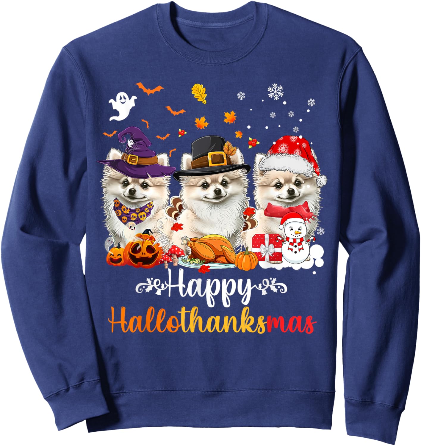 Happy Hallothanksmas Pomeranian Dog Halloween Christmas Men Women Kids Sweatshirt - Sweatshirt | Navy